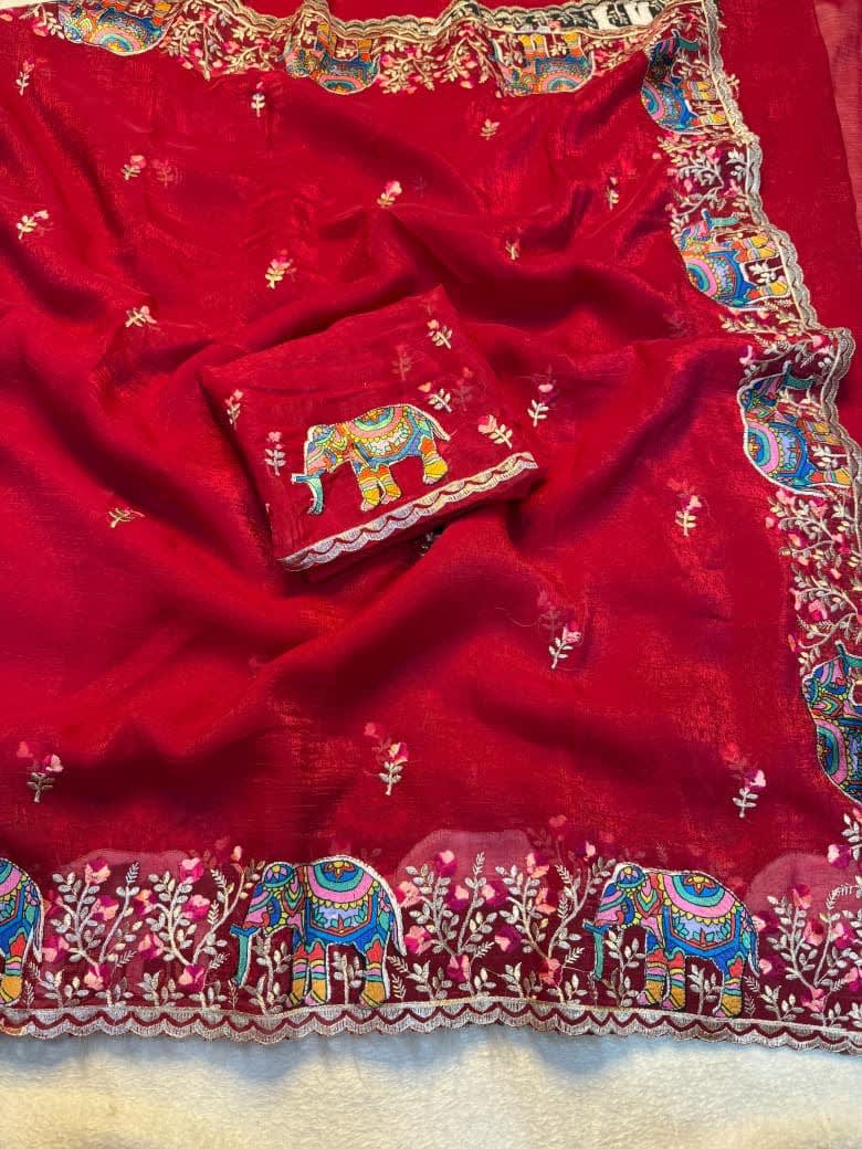 A Pure Soft Crunchy Saree with Full Elephant Embroidery Work - View 3