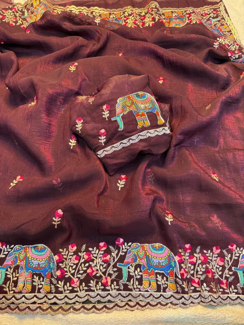 A Pure Soft Crunchy Saree with Full Elephant Embroidery Work - View 5