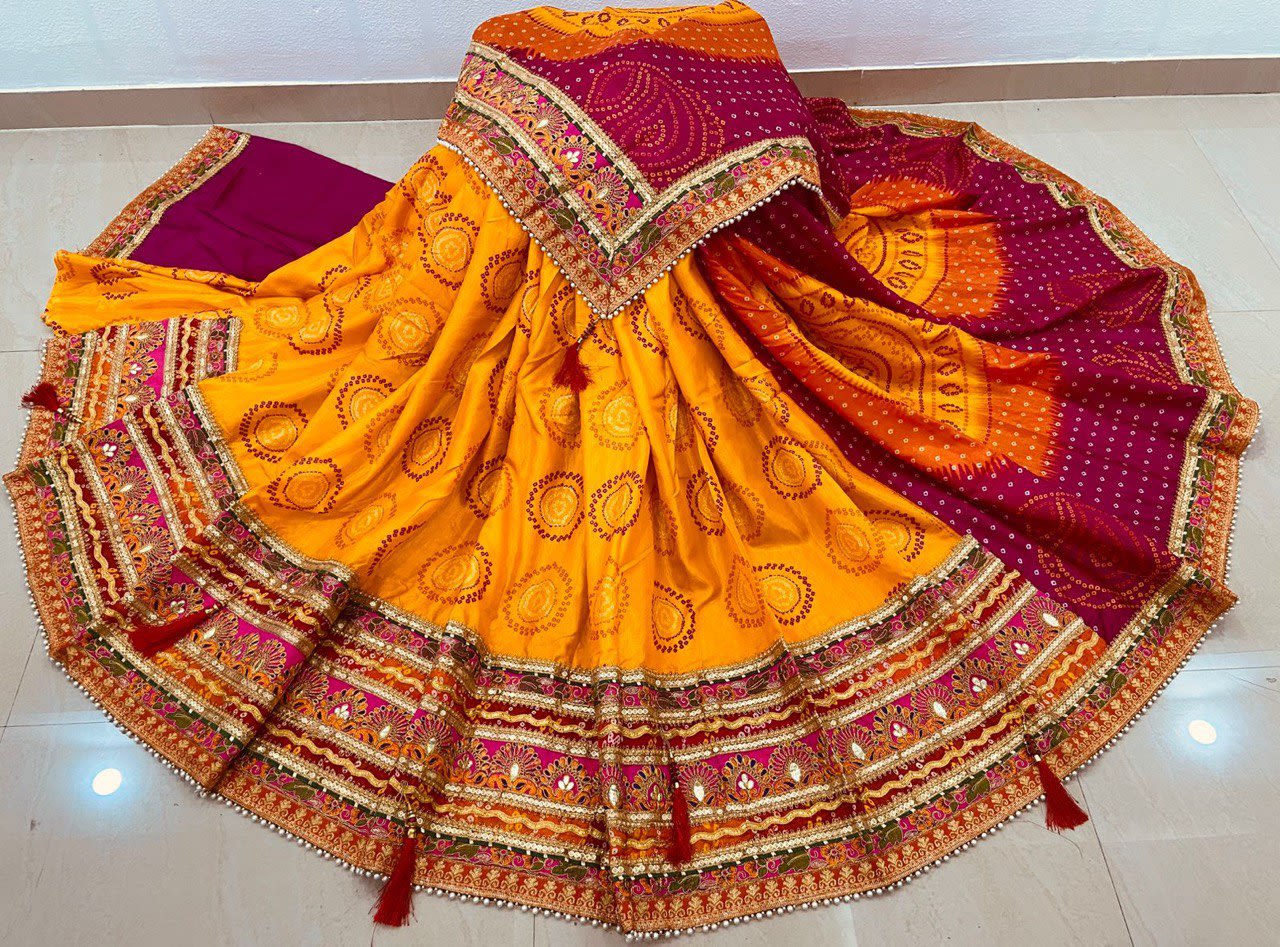 A Premium Original Bandhej Moss Chiffon Saree with Gota Patti & Pearl Lace - Chiffon Saree Online India - Buy at ₹1649 - Image 1