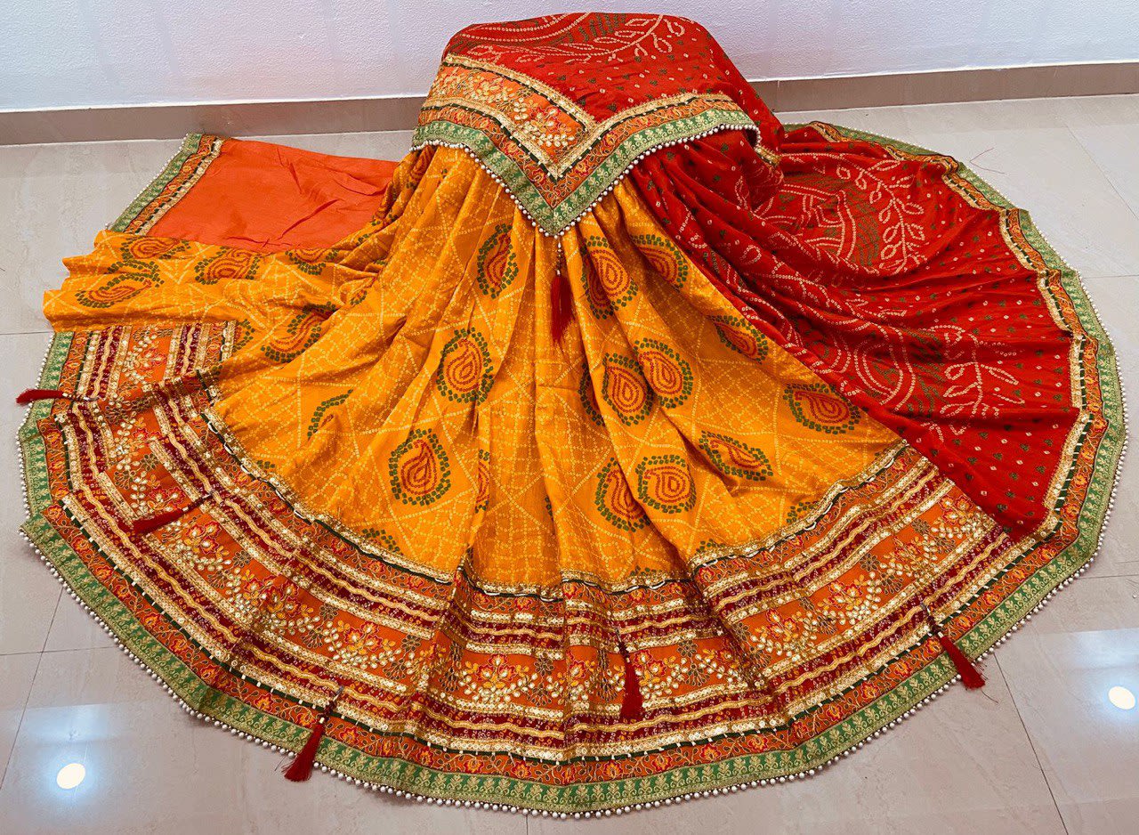 A Premium Original Bandhej Moss Chiffon Saree with Gota Patti & Pearl Lace - View 2