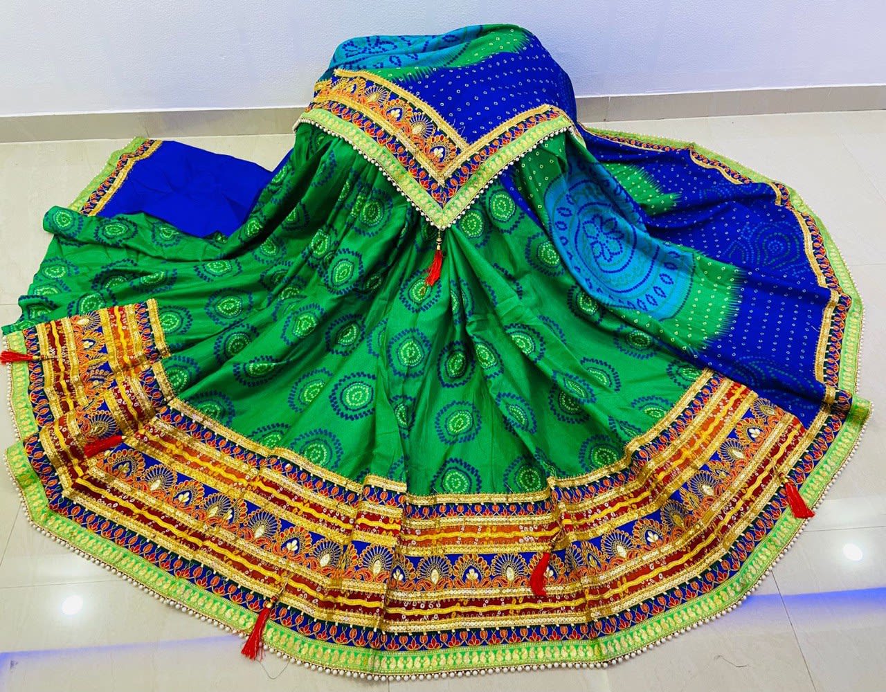 A Premium Original Bandhej Moss Chiffon Saree with Gota Patti & Pearl Lace - View 5