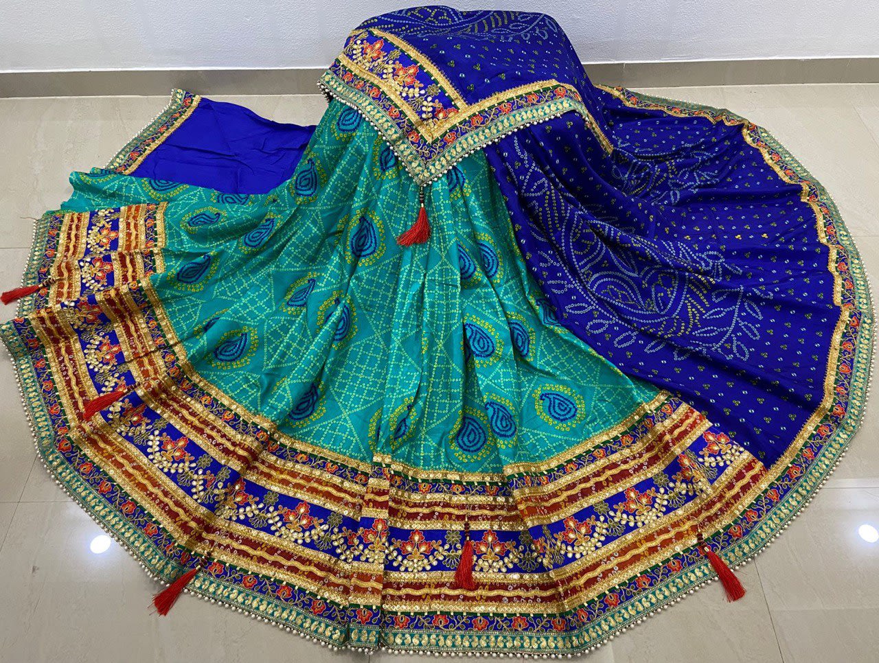 A Premium Original Bandhej Moss Chiffon Saree with Gota Patti & Pearl Lace - View 6