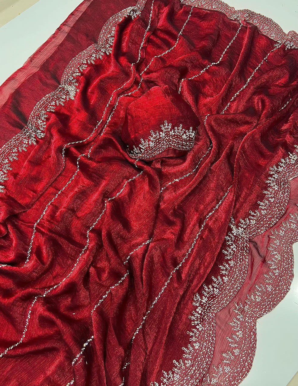 A Fendy Chiffon Saree with Jarkhan Diamond Work - View 2