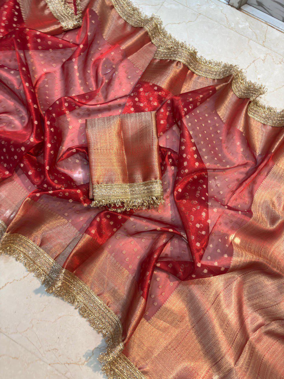 A Banarasi Tissue Silk Saree with Handcrafted Designer Lace Border - View 3