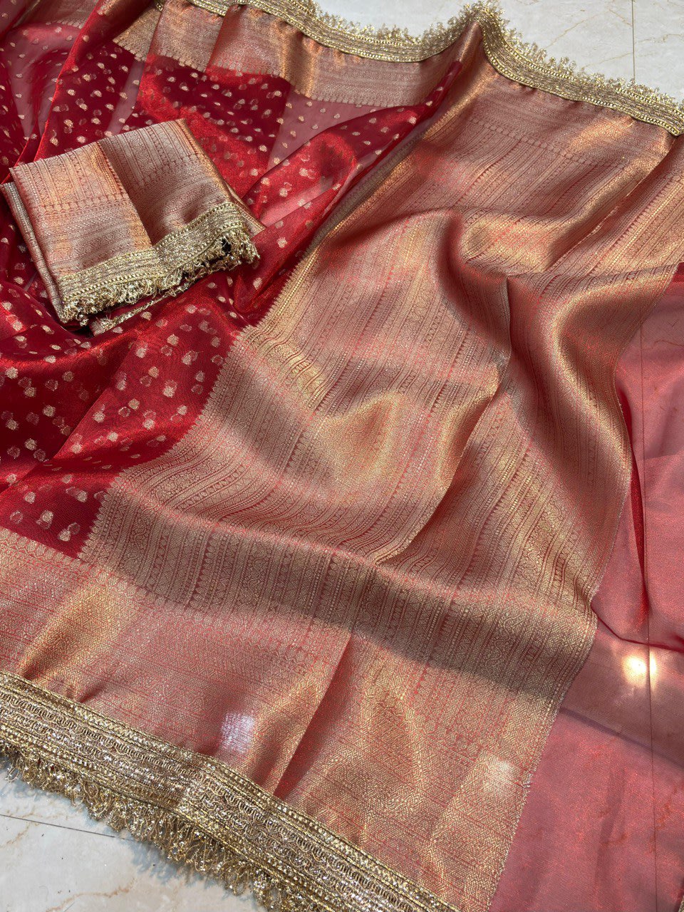 A Banarasi Tissue Silk Saree with Handcrafted Designer Lace Border - View 4