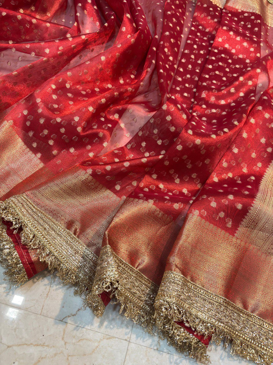 A Banarasi Tissue Silk Saree with Handcrafted Designer Lace Border - View 5