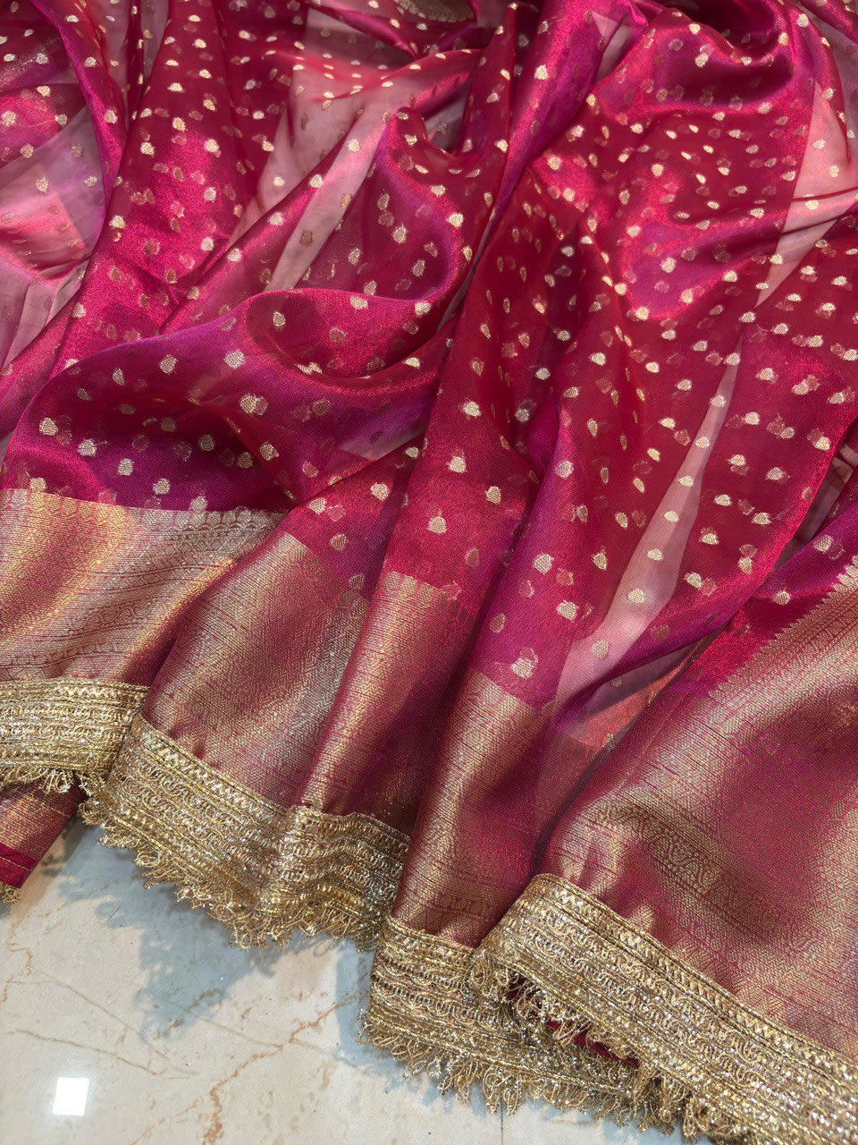 A Banarasi Tissue Silk Saree with Handcrafted Designer Lace Border - View 10