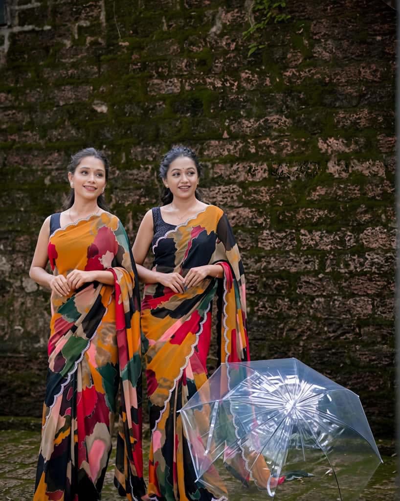 A Premium Marshmallow Georgette Saree with Mosaic Digital Print - View 3