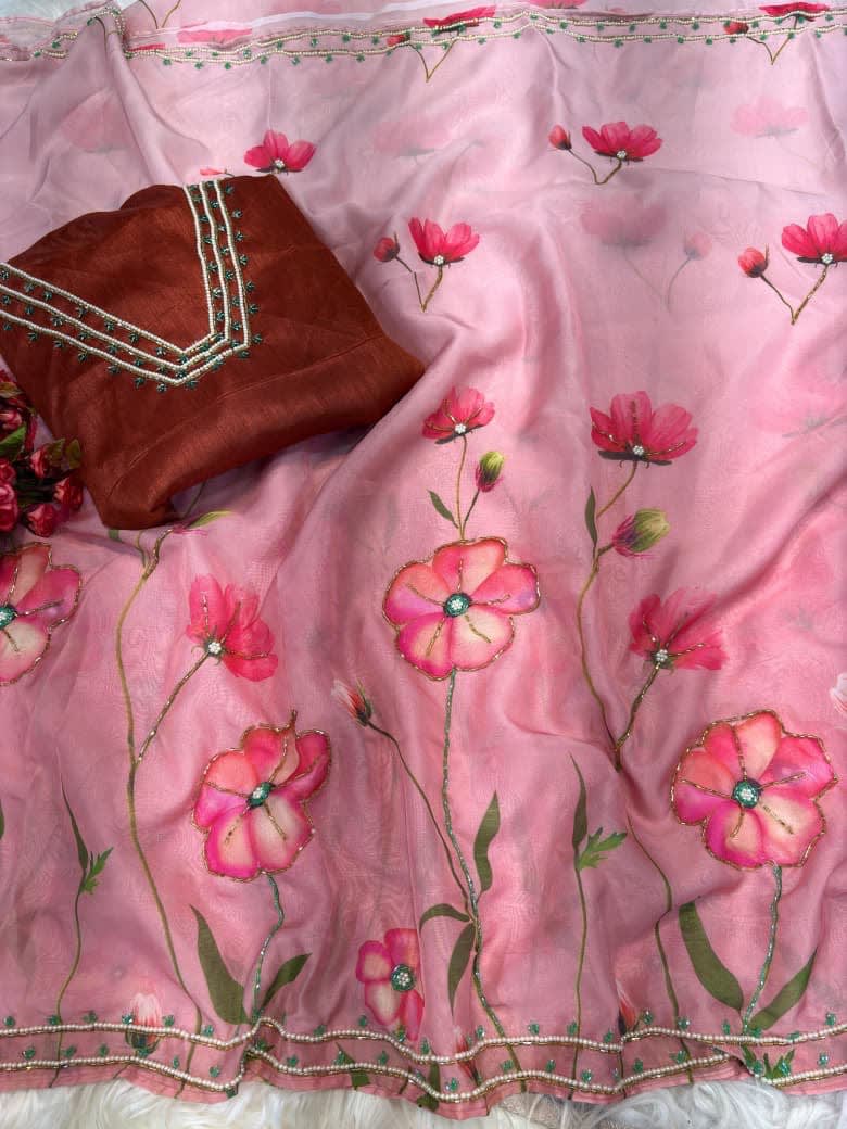 A Pure Soft Organza Tebby Silk Saree - Floral Elegance Edition - View 7