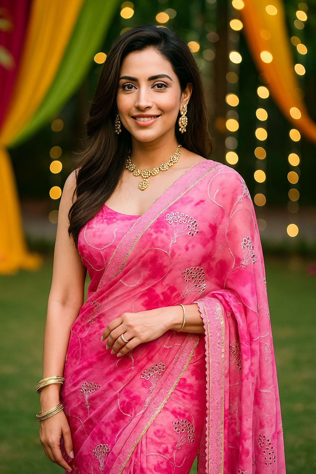 A Light Pink Mirror Embroidery Saree with Jarkan Lace Border - Chiffon Silk Saree Online India - Buy at ₹750 - Image 1