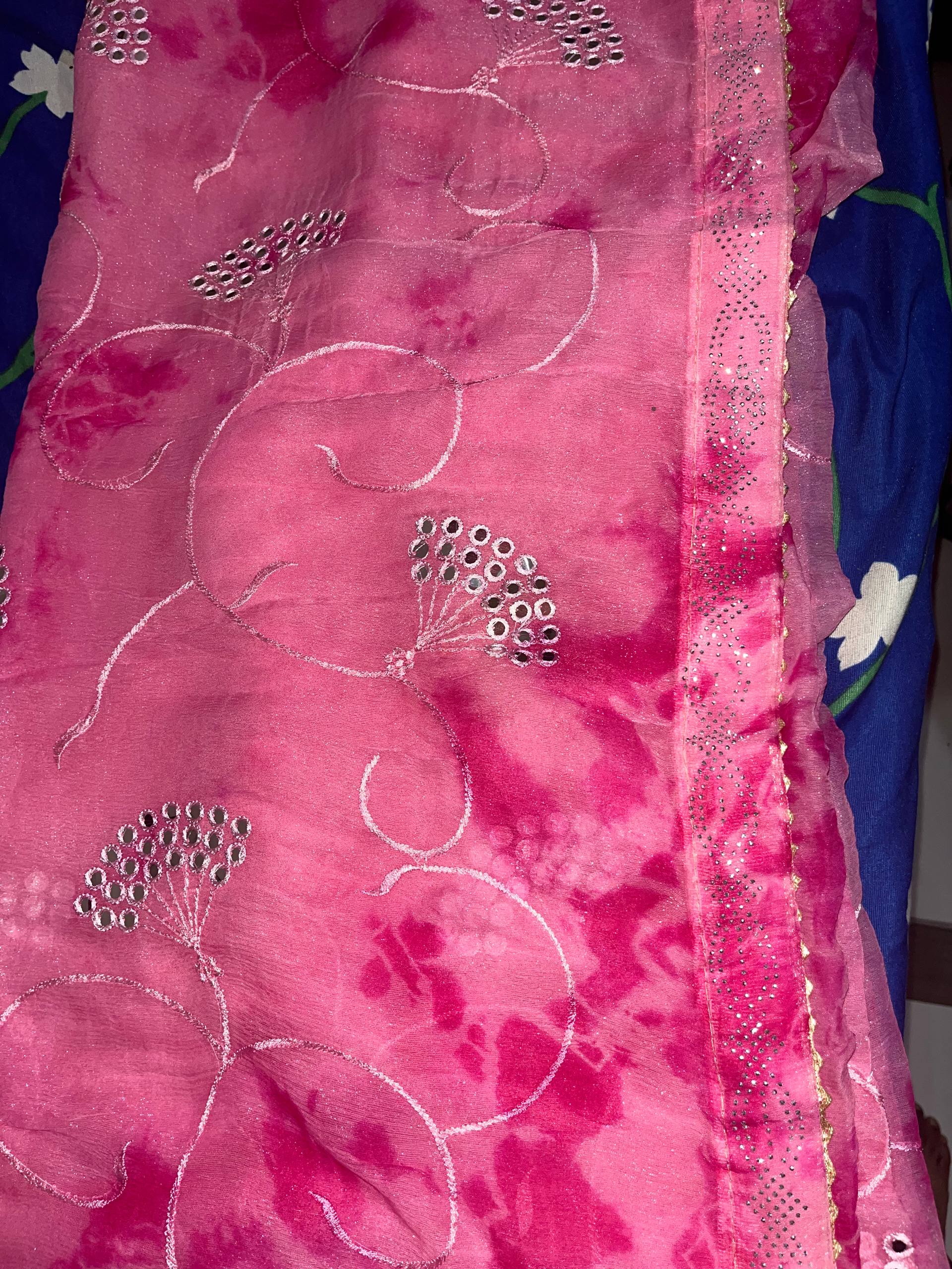 A Light Pink Mirror Embroidery Saree with Jarkan Lace Border - View 3