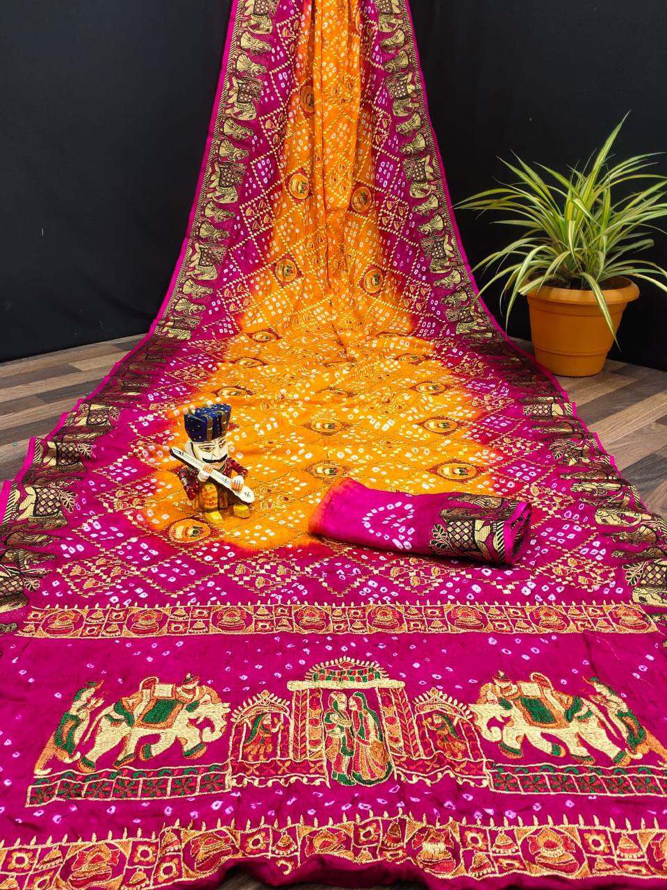 Traditional Bandhej Saree with Royal Kathiyawadi Embroidery - Best Sarees for Festivals & Puja