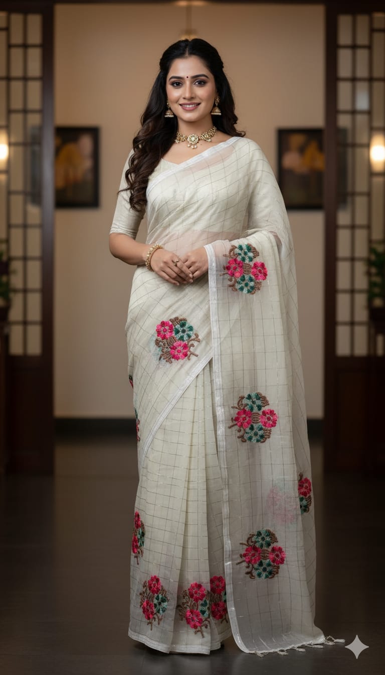 Cotton Mix Saree - Golden Zari & Floral Work