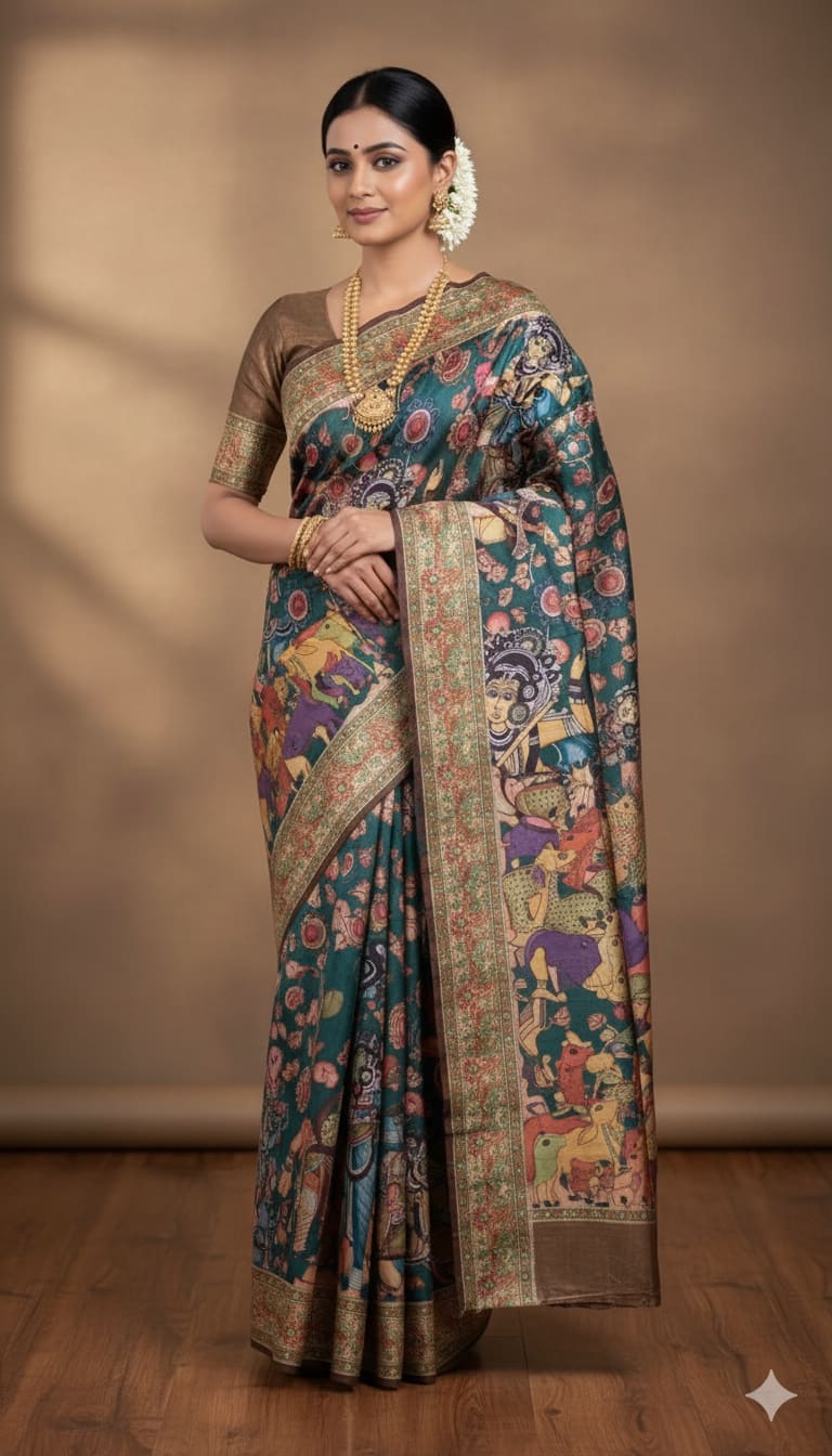 Kalamkari Silk Saree with Traditional Print - Best Sarees for Festivals & Puja