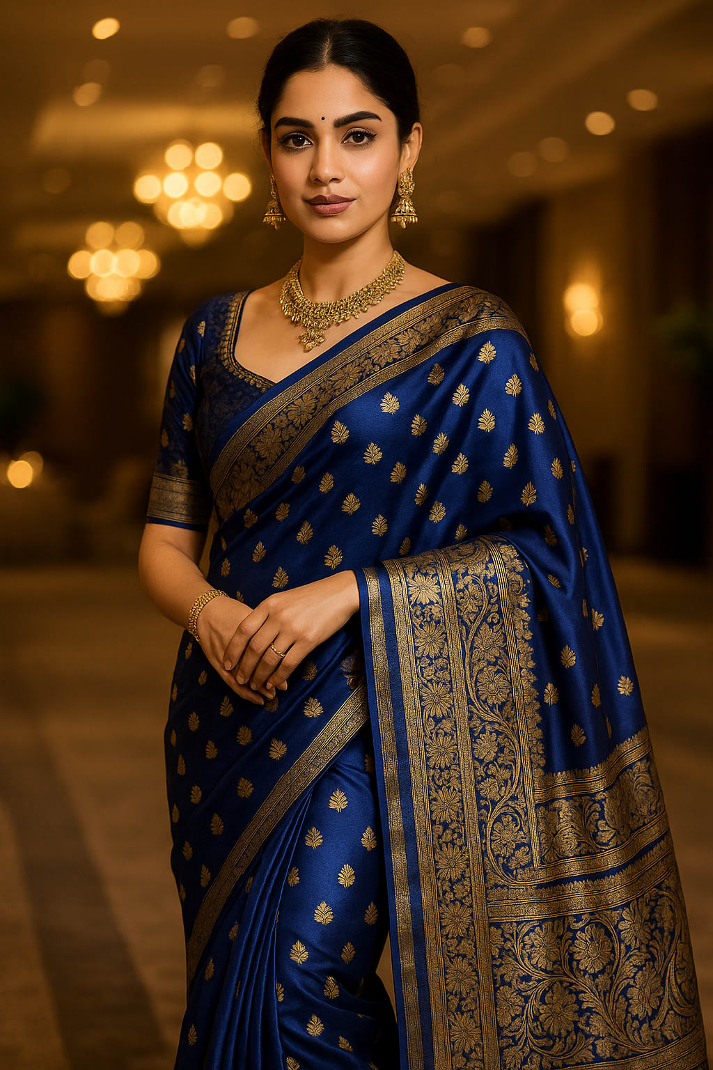 Emerald Navy Blue Kanjeevaram Silk Saree - Zari - Best Sarees for Festivals & Special Occasions