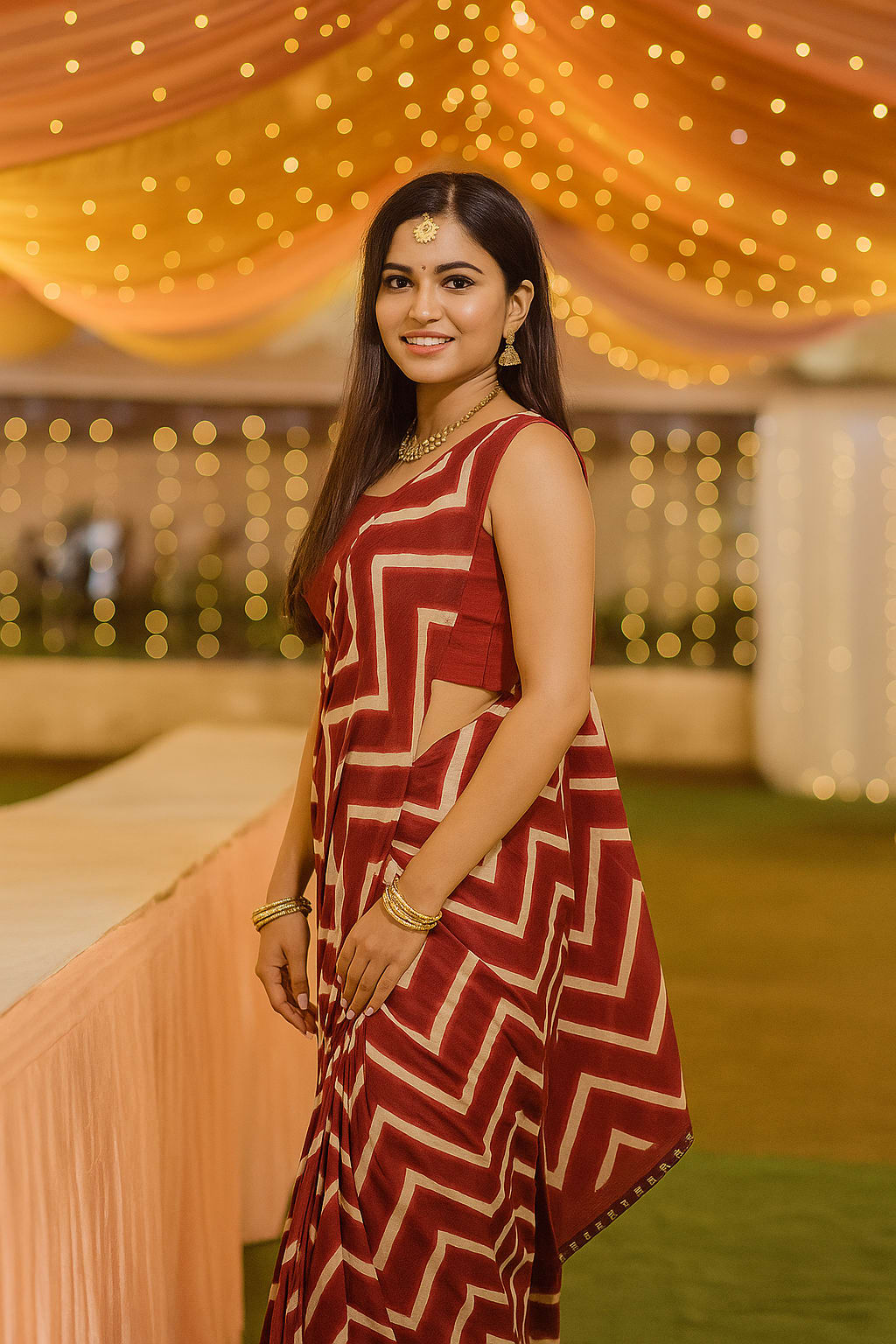 Maroon & White Zigzag Printed Chiffon Saree with Matching Blouse