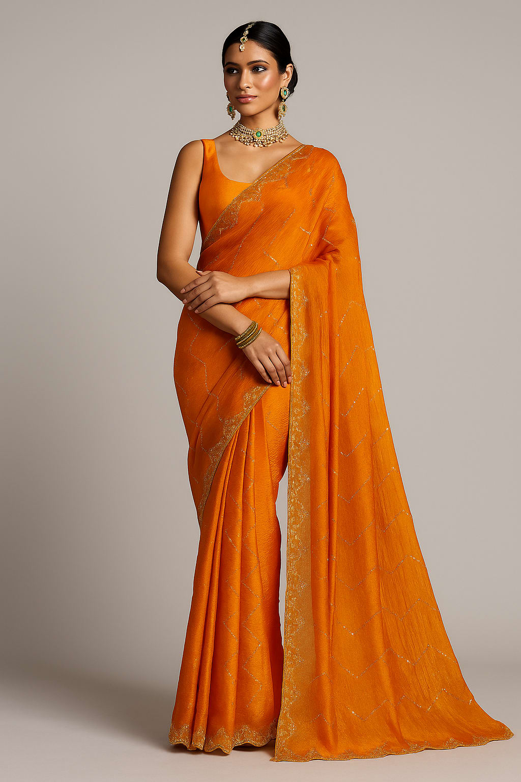 Jimmy Choo-Inspired Orange Saree with Subtle Golden Accents - Best saree at Maa Kaali Creations