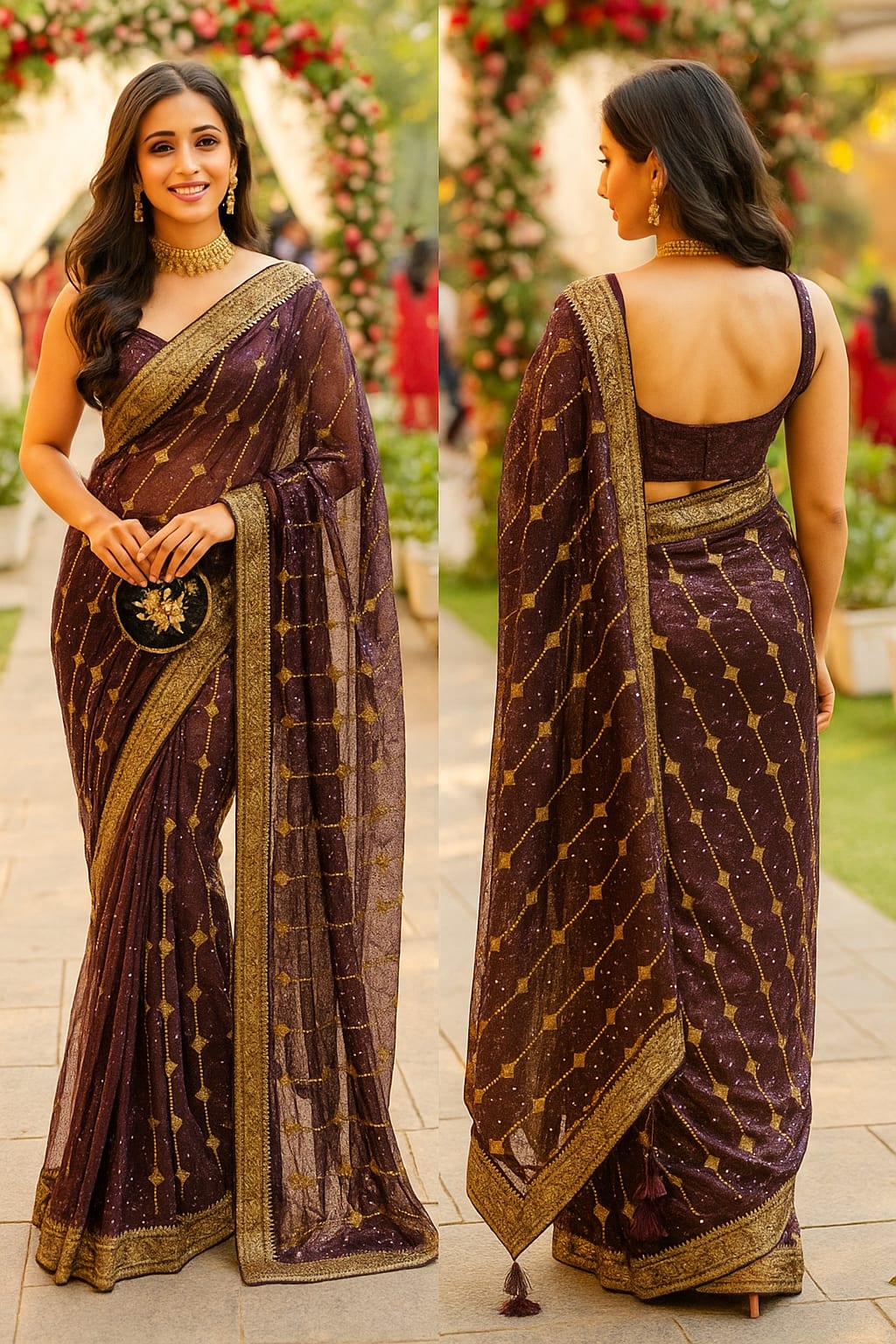 Regal Wine Twill Net Saree - Golden Embroidery - Best Sarees for Festivals & Special Occasions