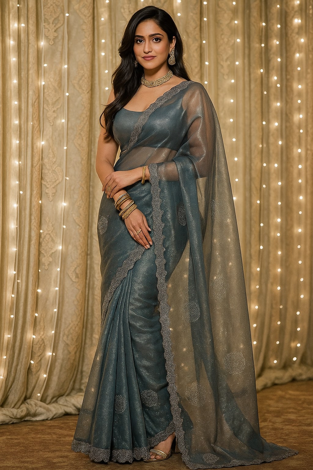 Elegance with this mesmerizing grey twill net saree - Best Sarees for Festivals & Special Occasions