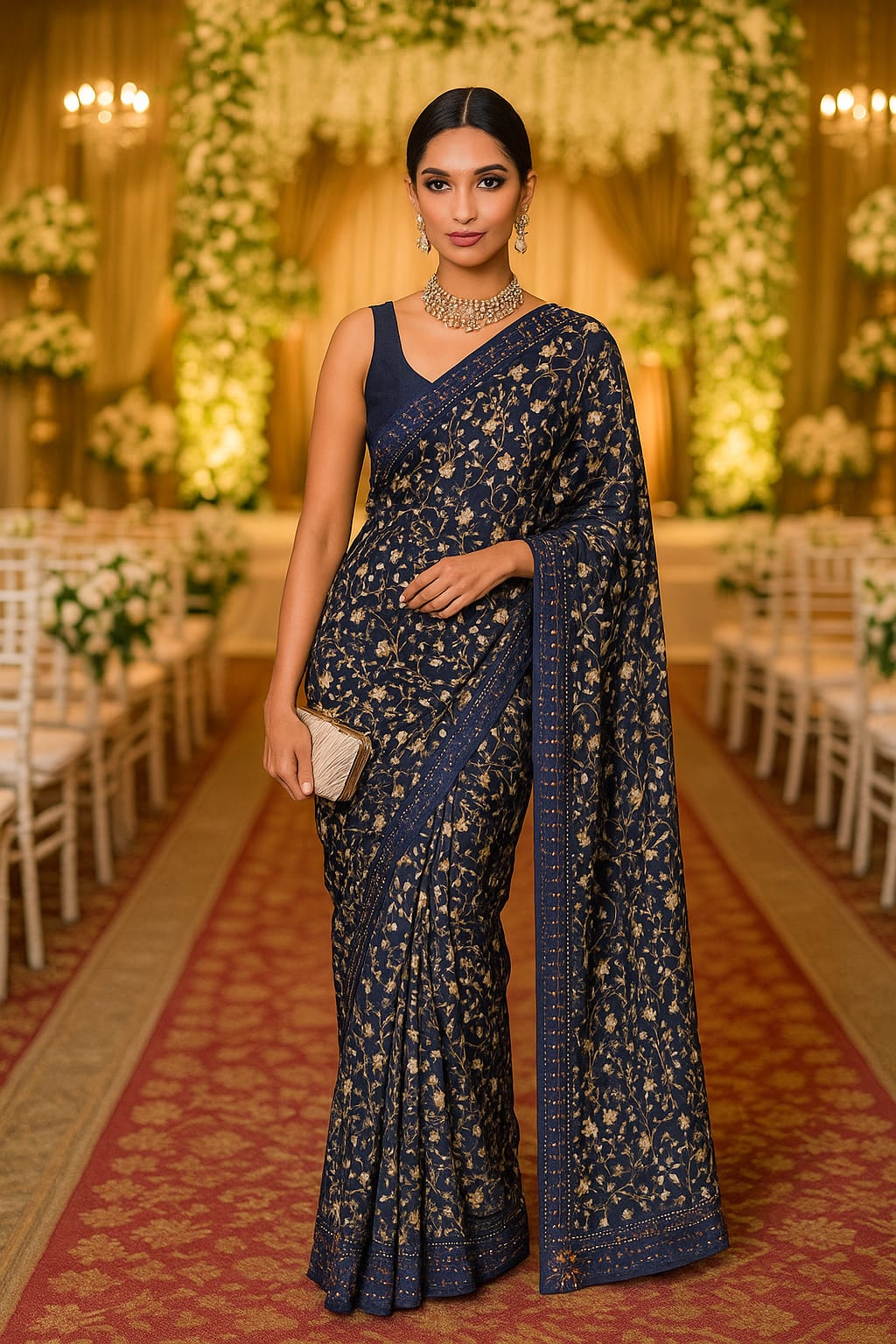 Vibrant Blue Floral Light Weight Saree with Mirror Border