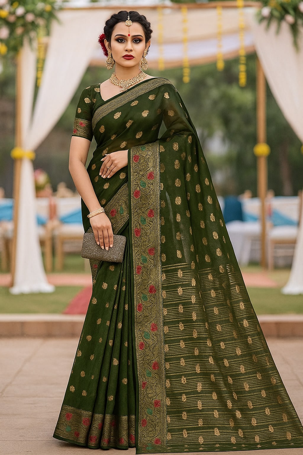 Mehndi Green Organza Silk Saree with Intricate Golden Zari Work - Best Sarees for Wedding & Bridal
