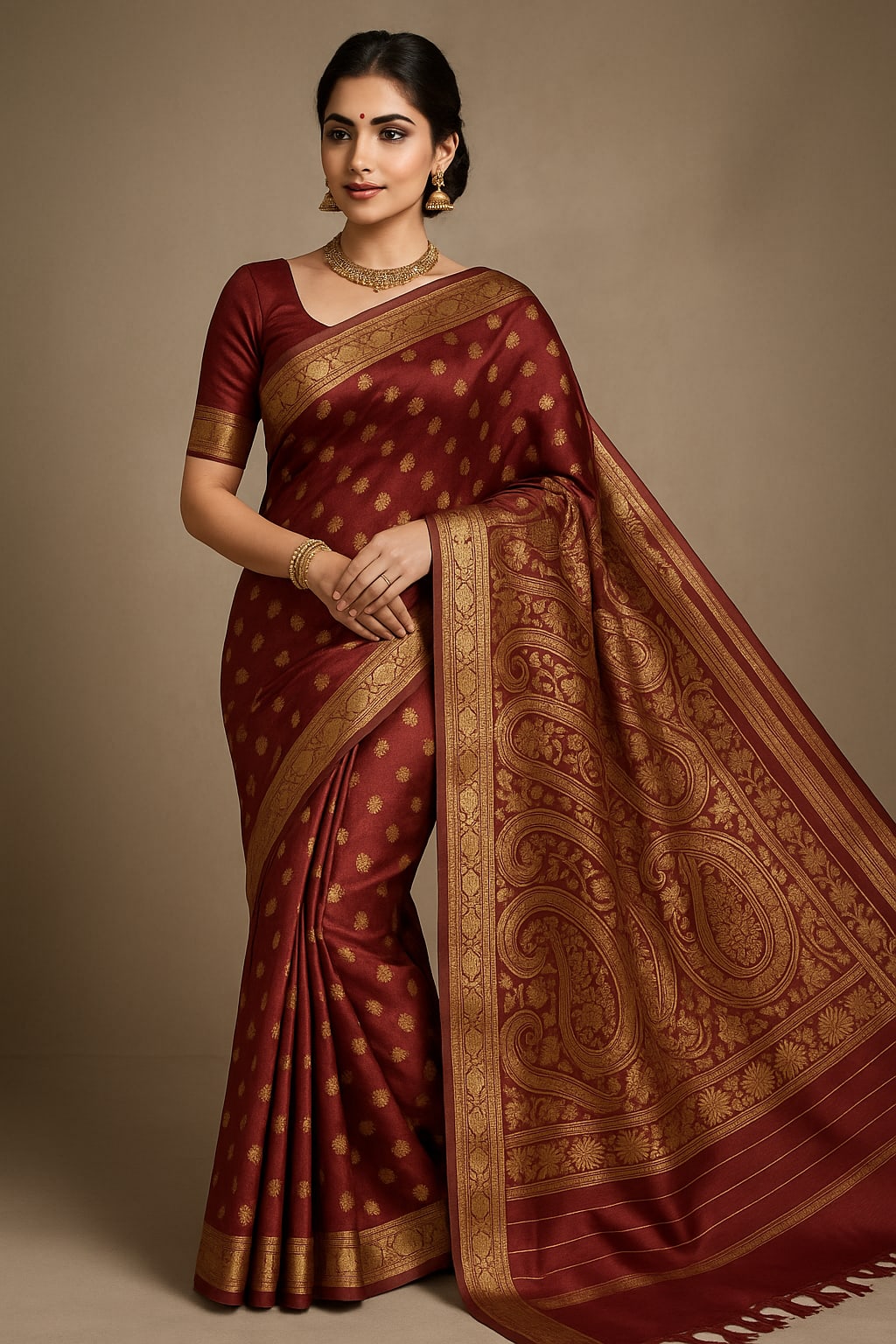 Emerald Maroon Kanjeevaram Silk Saree with Intricate Golden Zari Work - Best Sarees for Festivals & Special Occasions