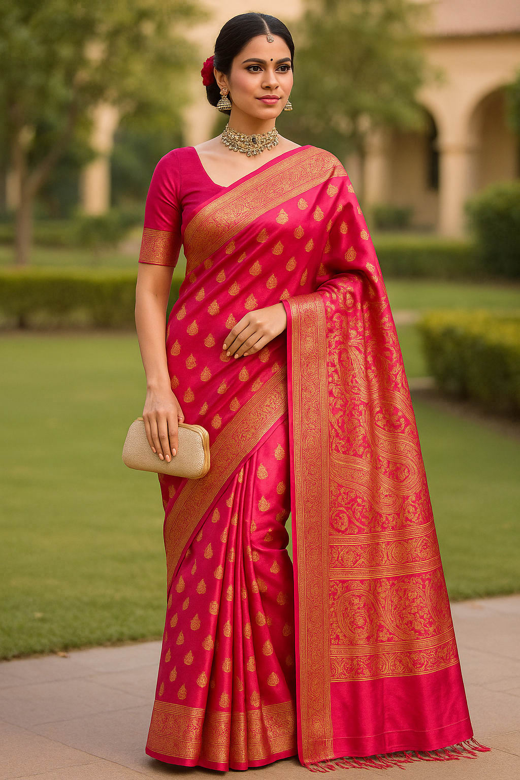 Exquisite Emerald Red Kanjeevaram Silk Saree