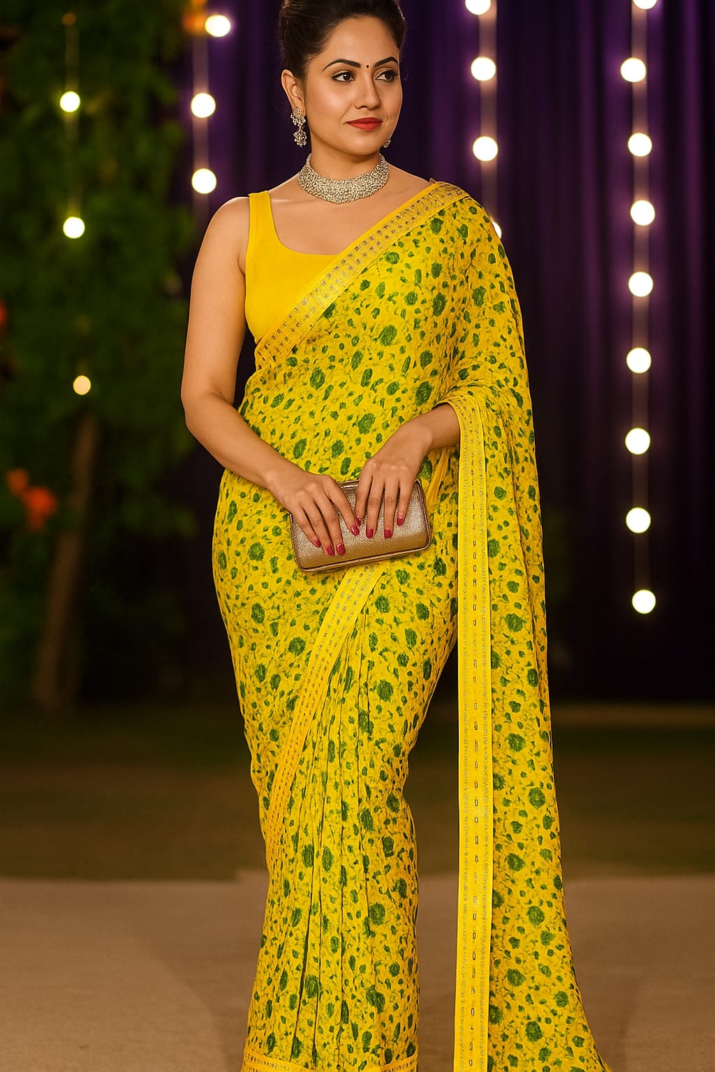 Vibrant Sunny Yellow Floral Saree - Mirror Work