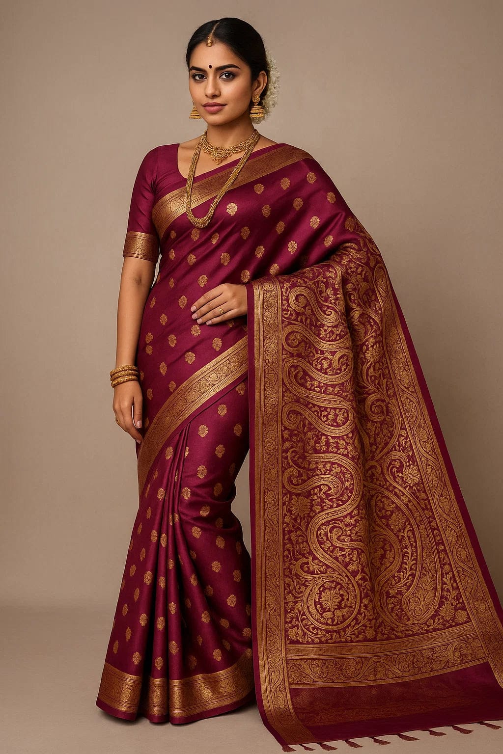 Regal Maroon Kanjeevaram Silk Saree - Zari Butta - Best Sarees at Maa Kaali Creations