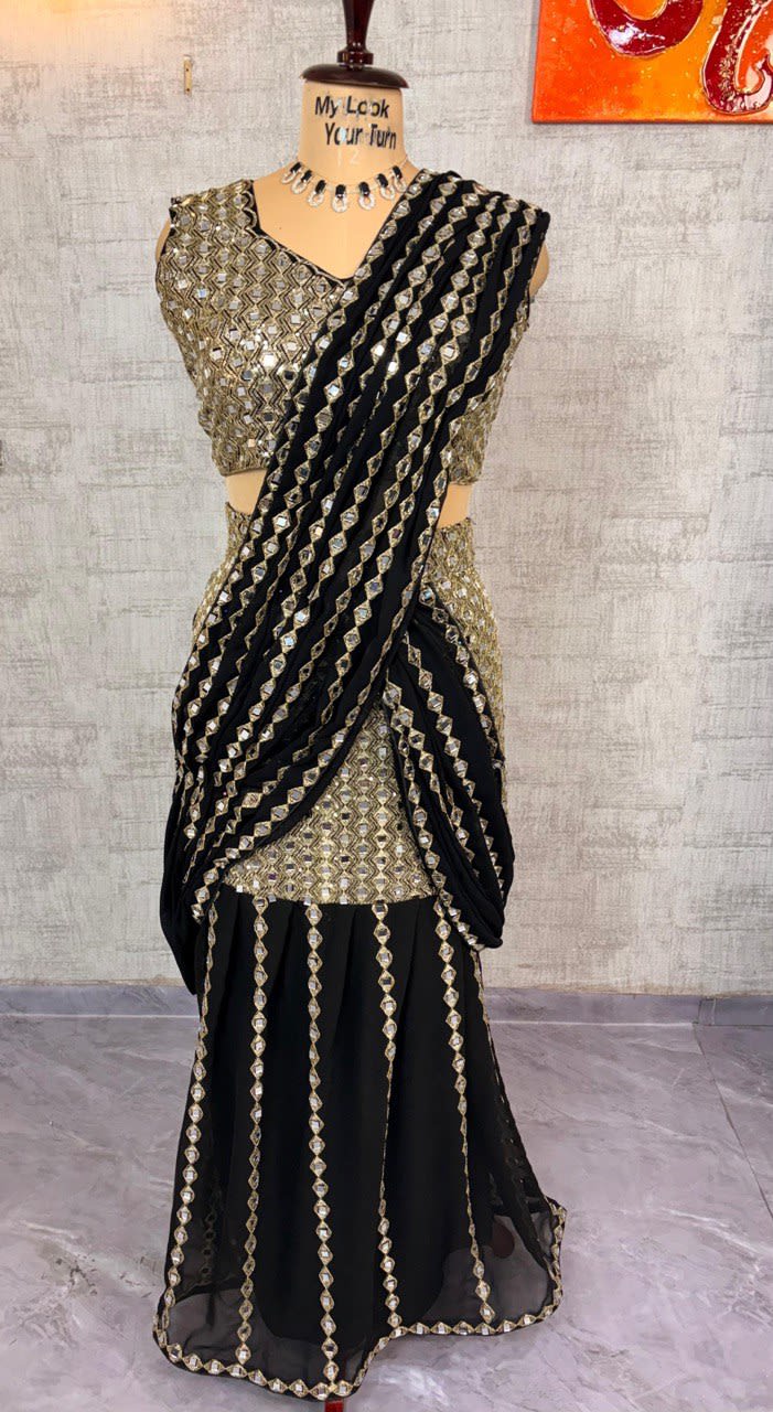 Faux Georgette Ready-to-Wear Real Mirror Work Saree - View 5