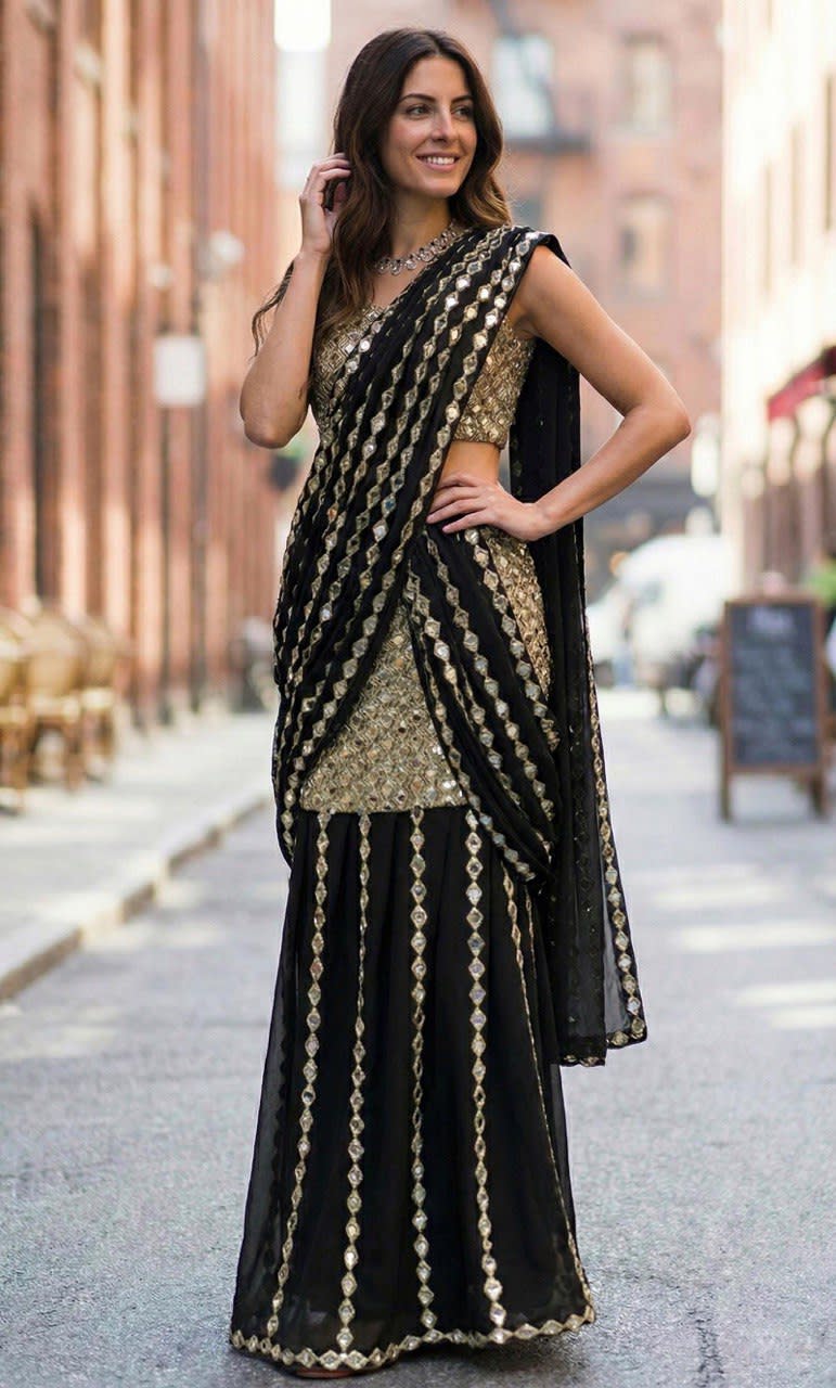 Faux Georgette Ready-to-Wear Real Mirror Work Saree - View 6