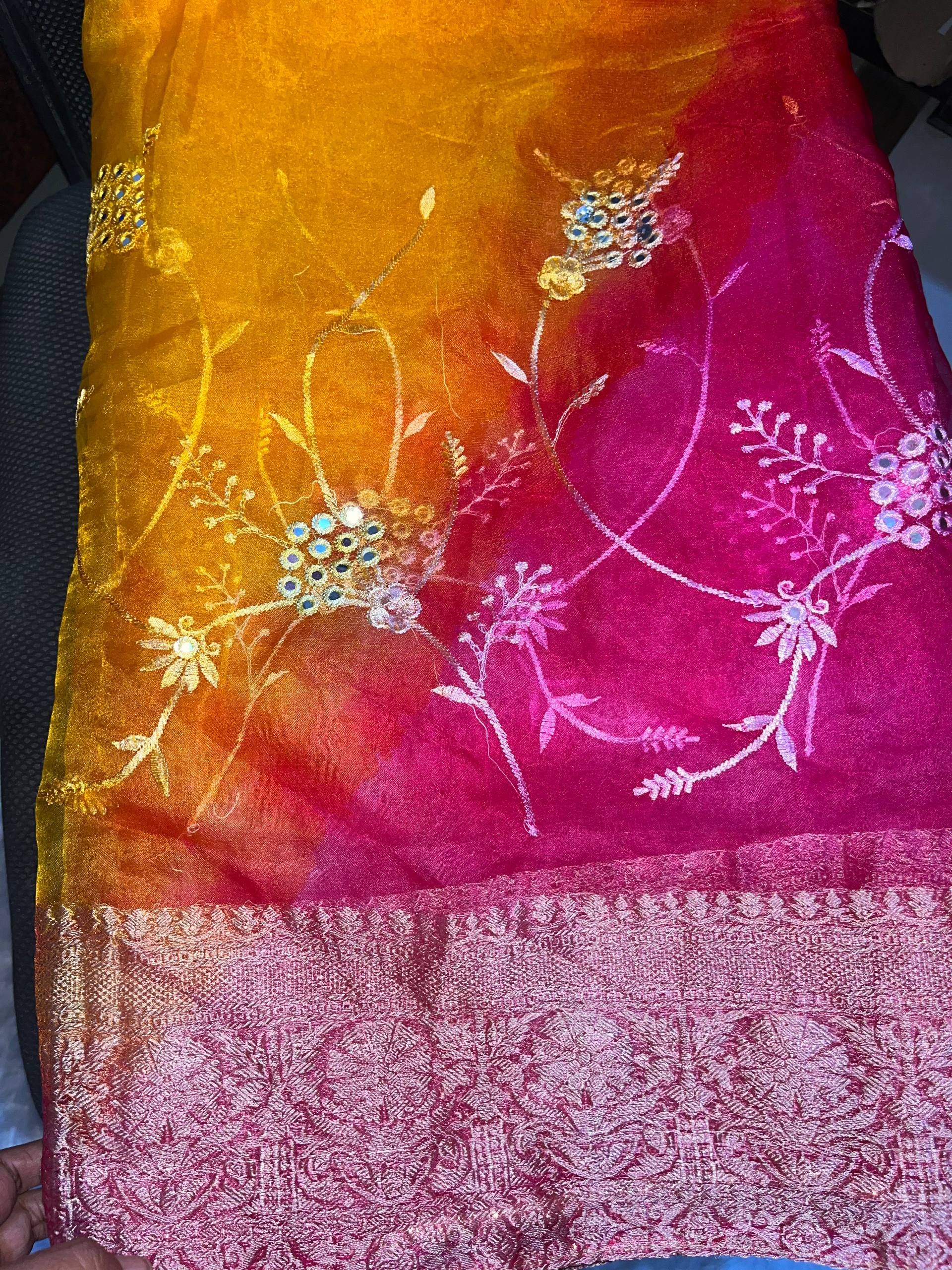Elegant Ombre Embroidered Organza Silk Saree - View 2