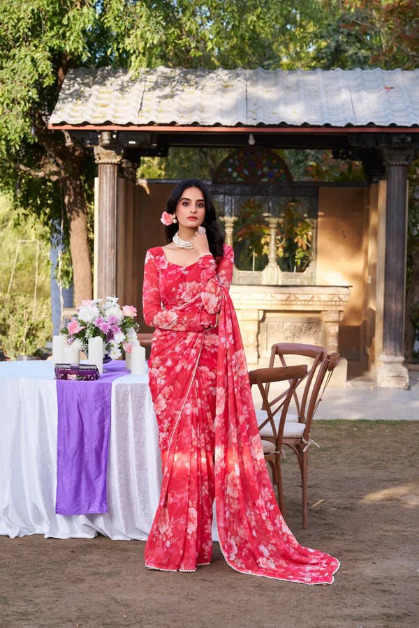 Weightless Floral Printed Georgette Saree with Pearl Lace Border