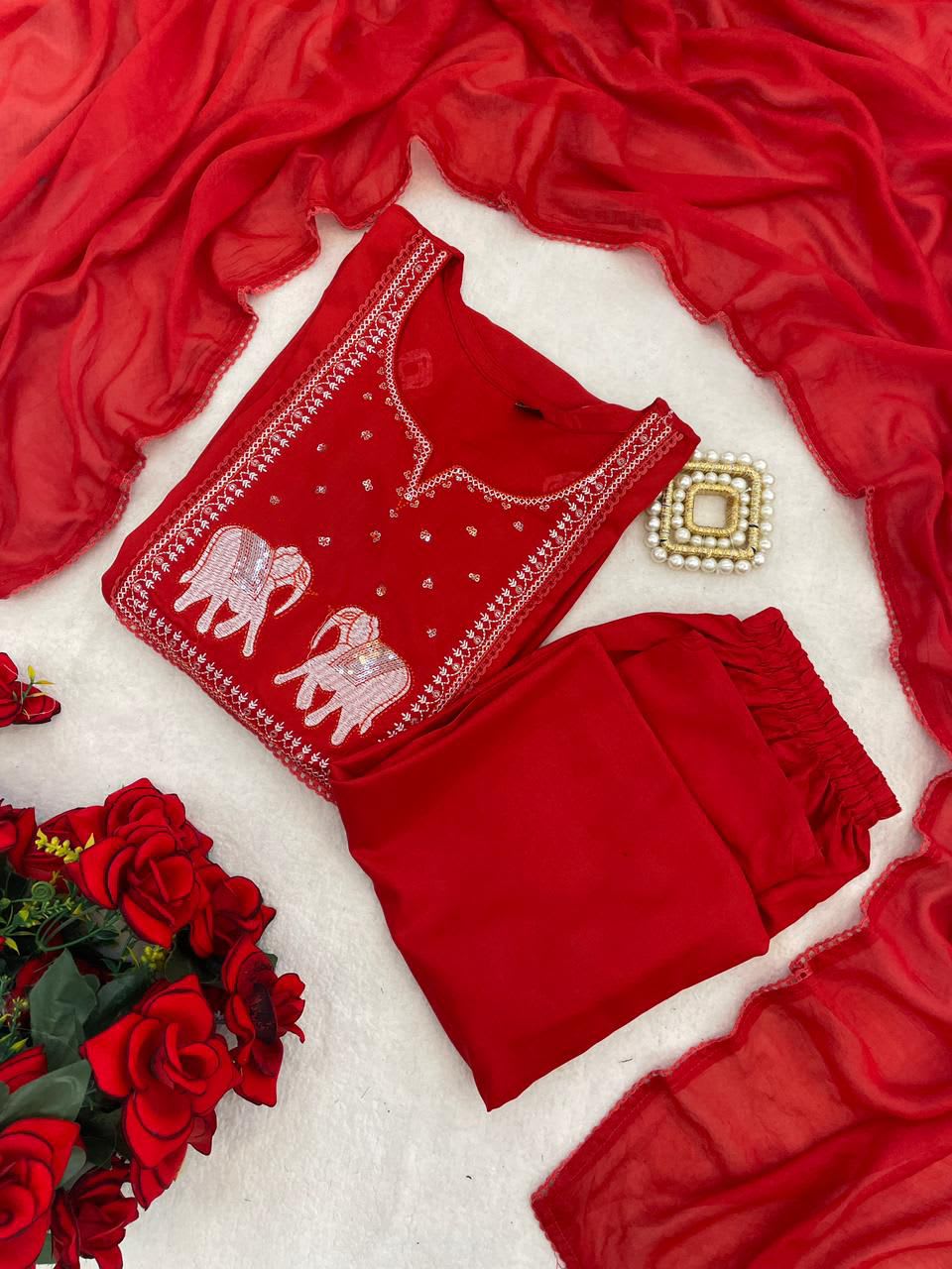 Heavy Rayon Suit Set with Dupatta - Best Suit Sets at Maa Kaali Creations