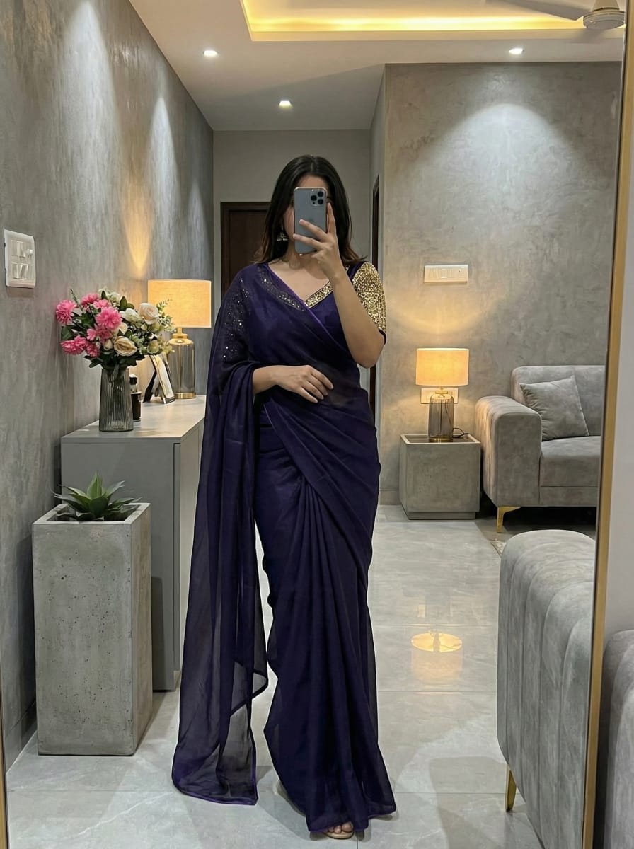 Soft & Elegant Space Silk Saree with Hand-Embroidered Blouse - Best saree for Premium Collection