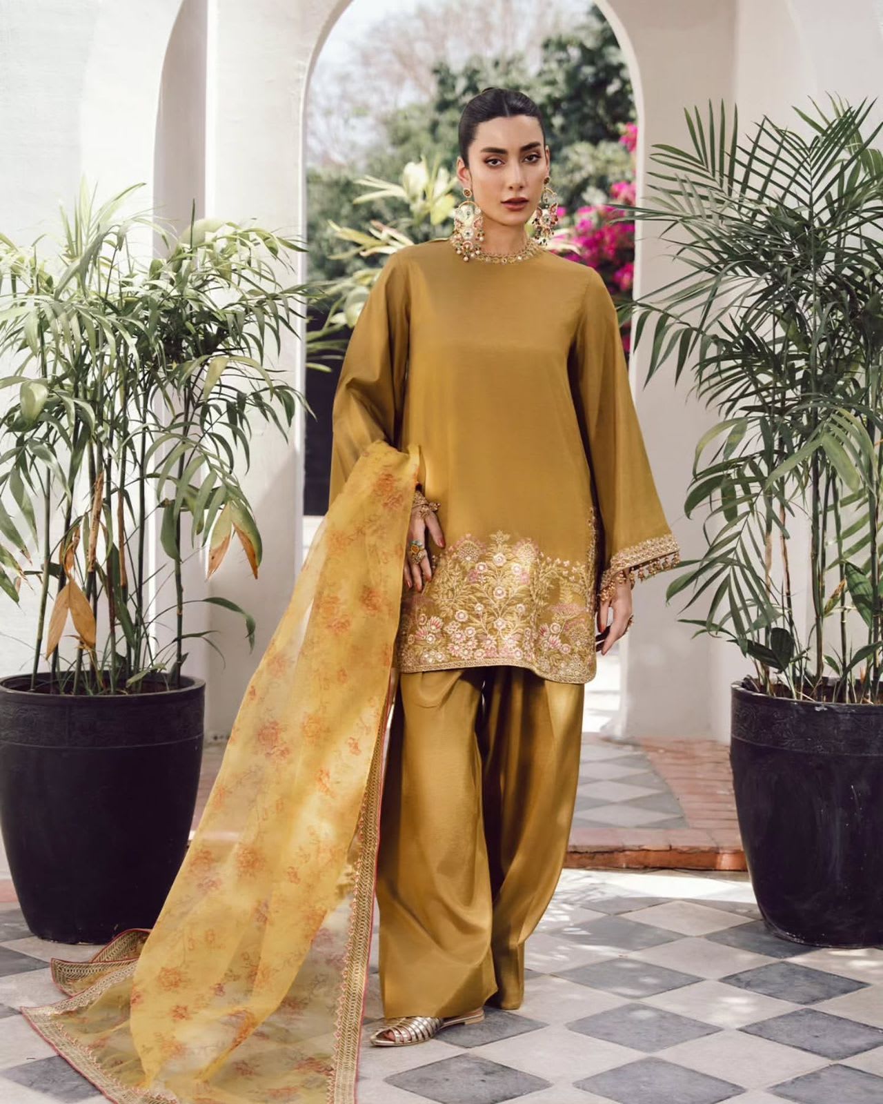 New Designer Collection – French Crepe Silk Top, Farshi Pant & Dupatta Set
