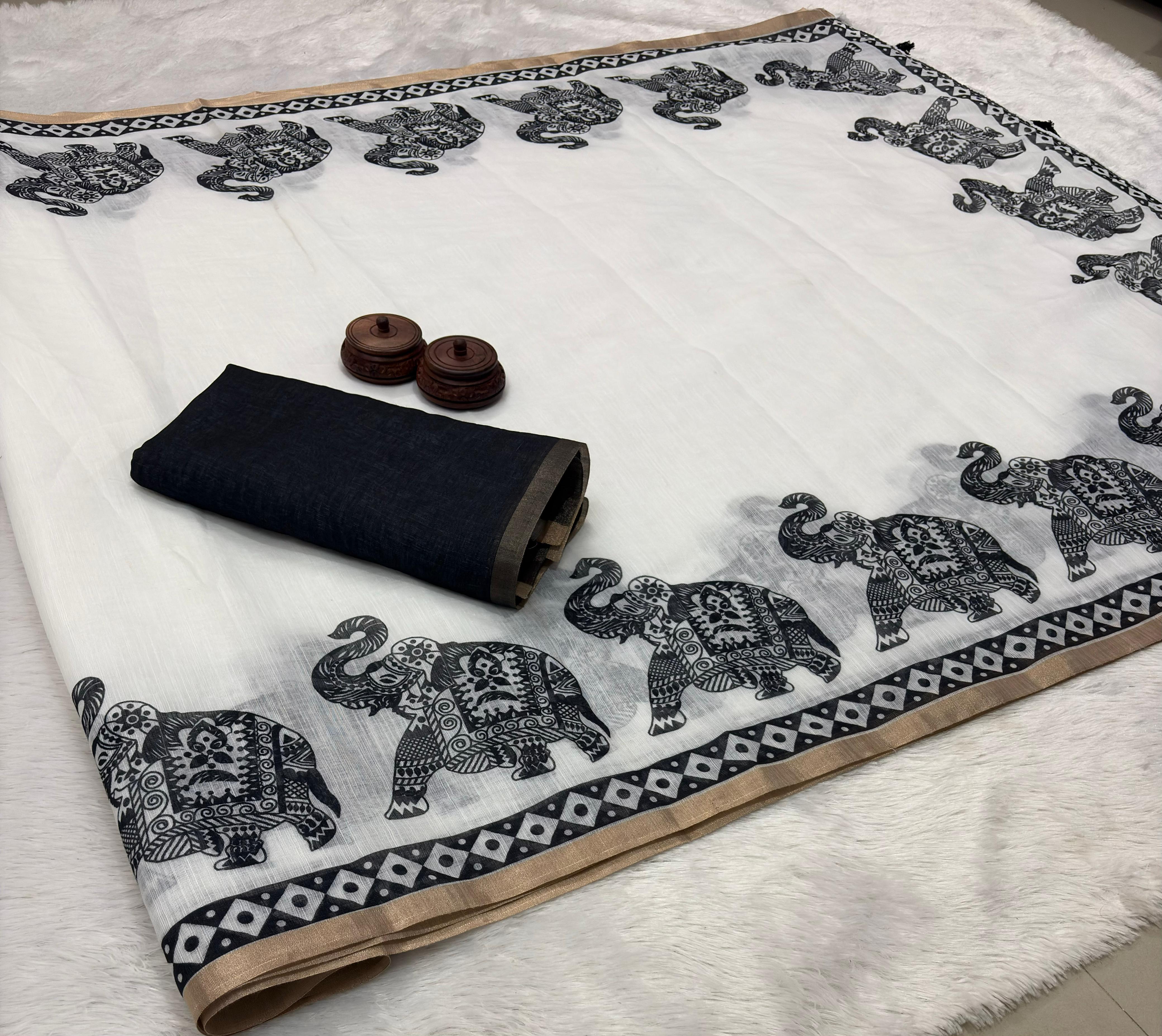 Pure Linen Cotton Saree with Digital Print & Zari Border