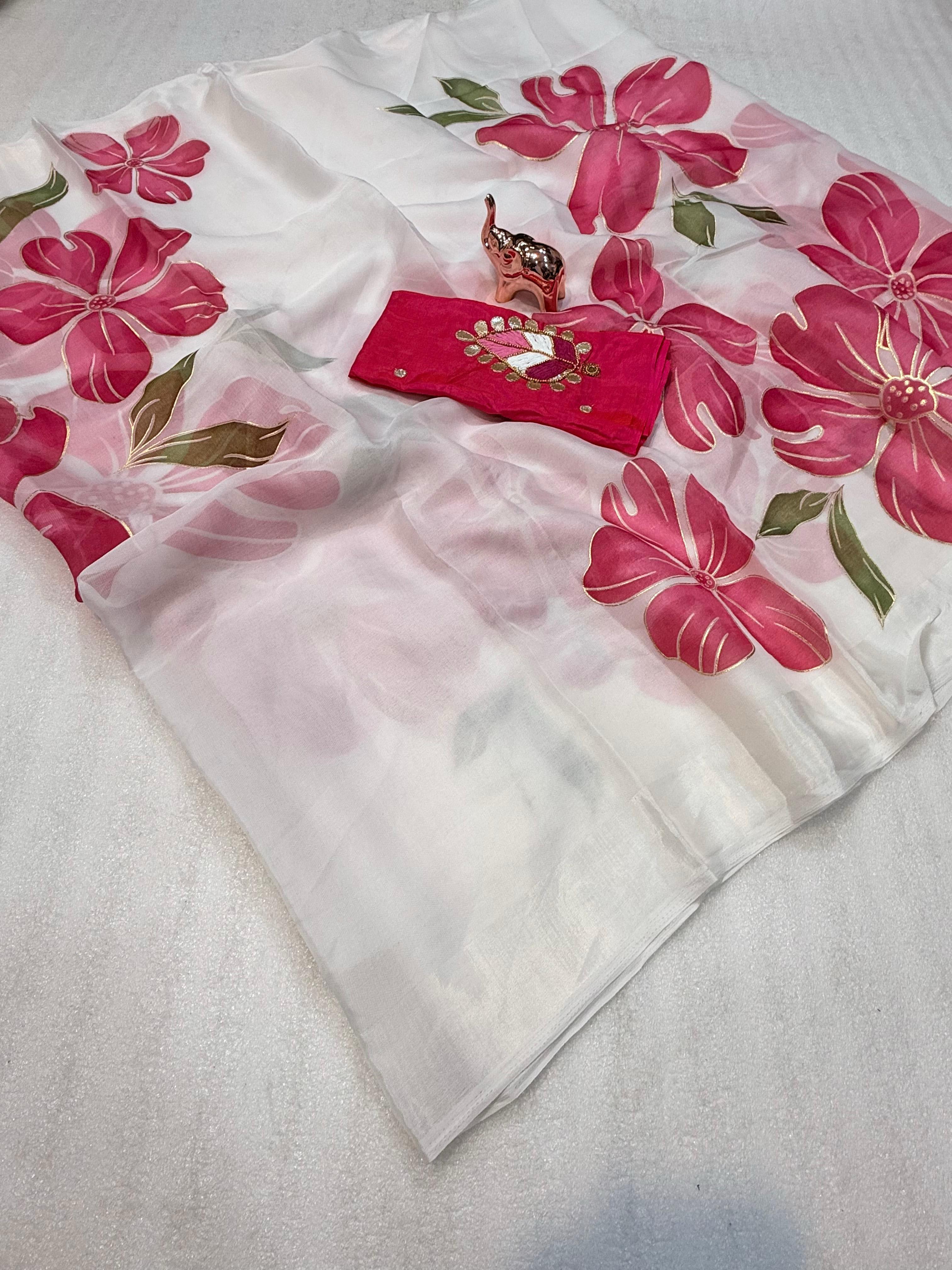 Pure Soft Organza Printed Saree with Foil Outline