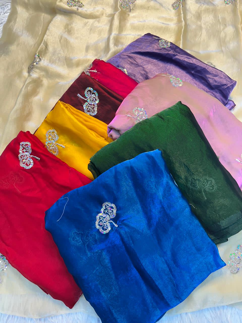 Fendy Satin Dual-Shaded Saree with Zari & Sequin Work - Maa Kaali Creations