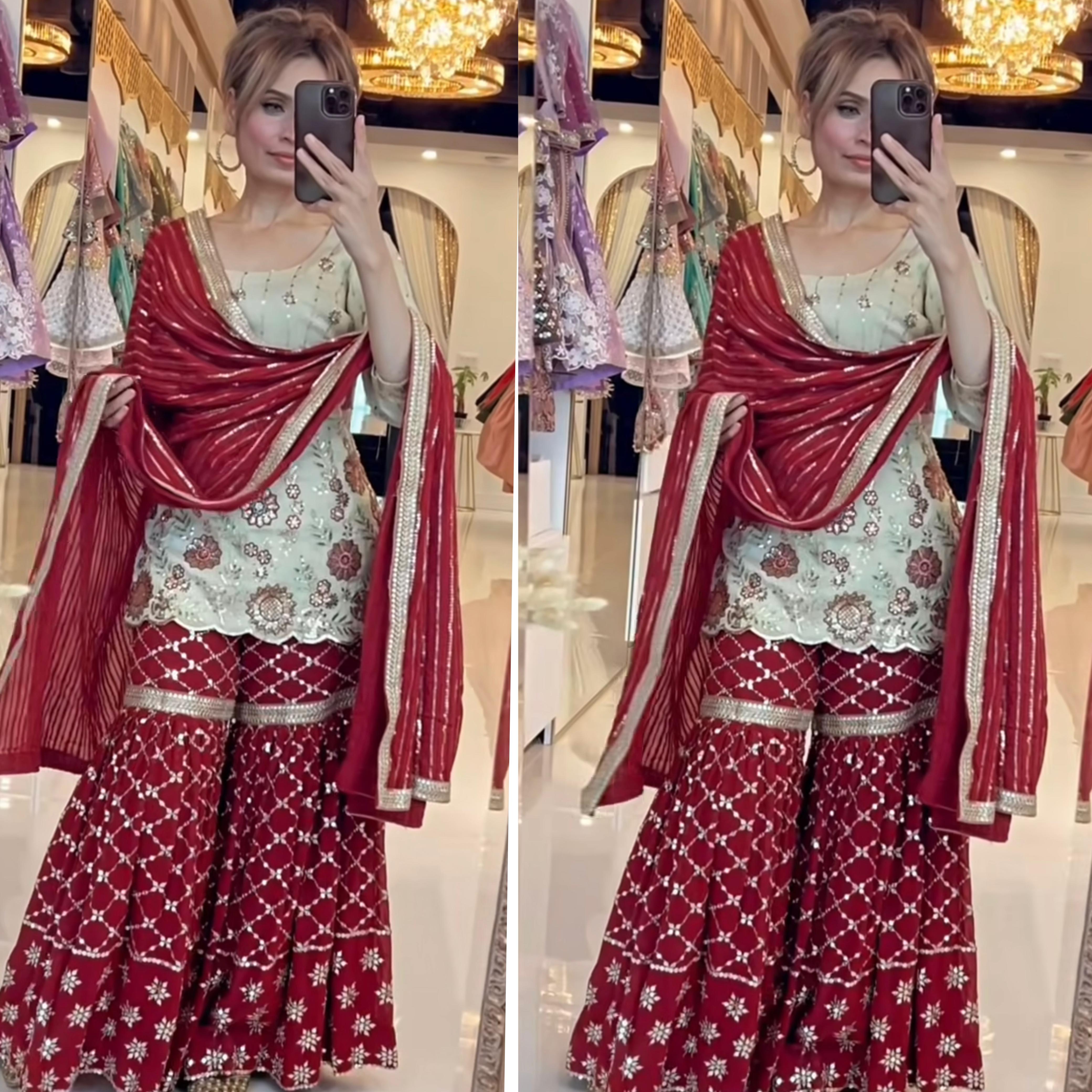 Designer Party Wear Top, Sharara Plazzo & Dupatta Set