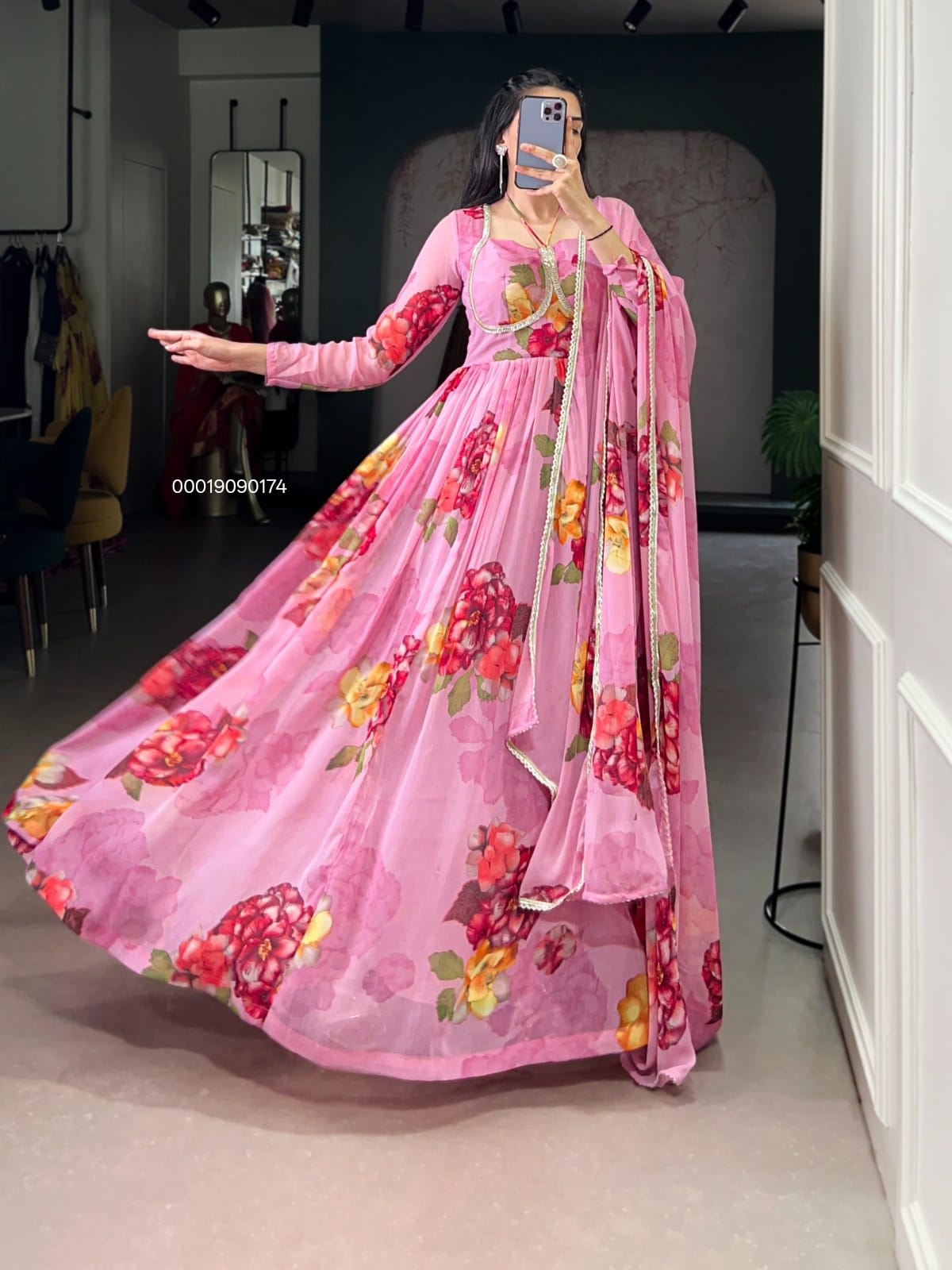 Elegant Chiffon Floral Print Gown with Dupatta – Designer Collection - Best suit set for Diwali