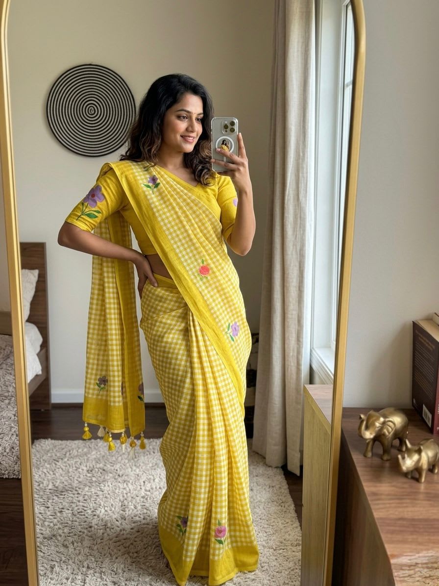 FLOWER – Soft Linen Cotton Saree with Checks & Floral Print