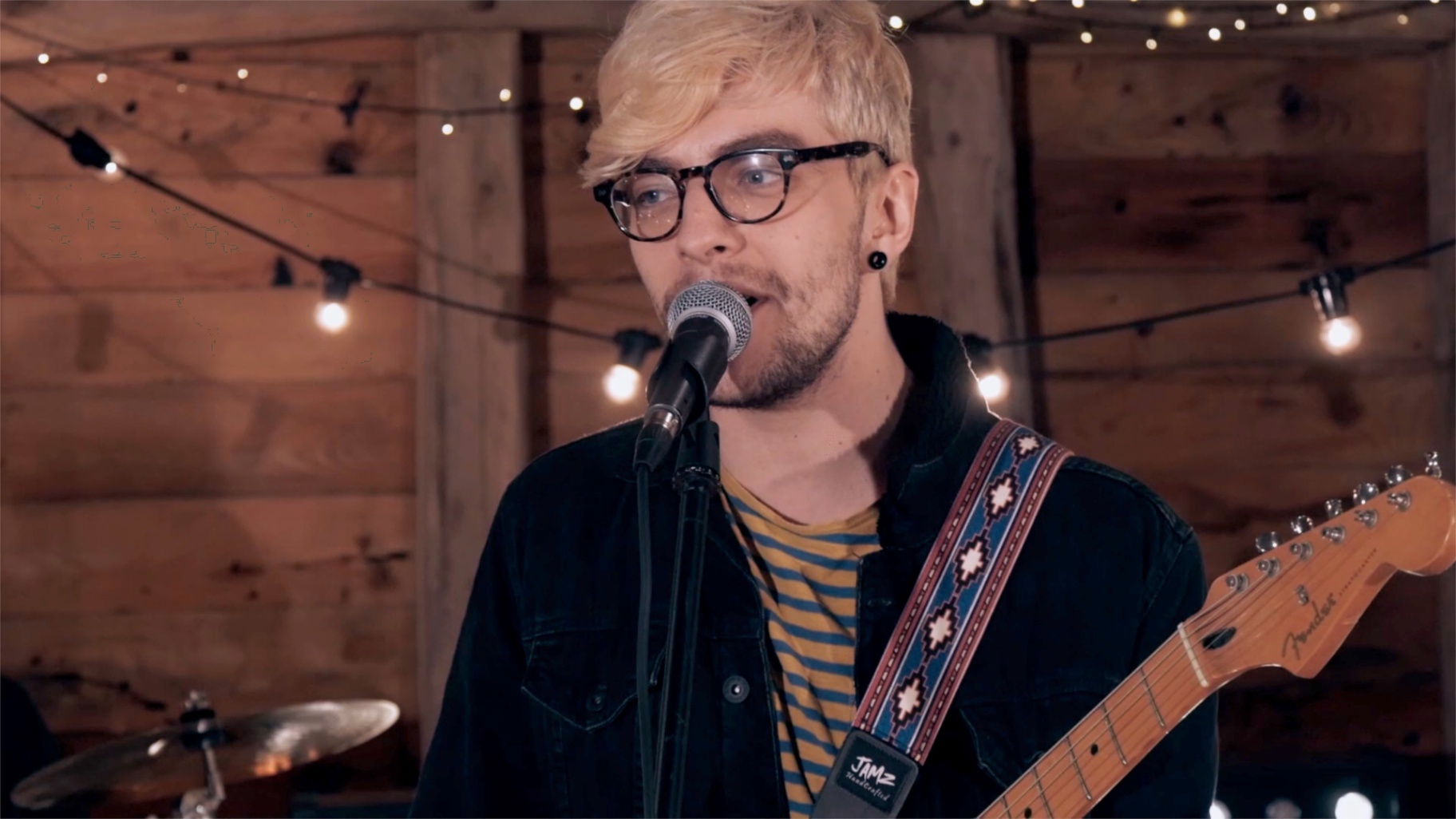The Riot Dogs: Singer-guitarist with glasses performing at a microphone in a wooden room