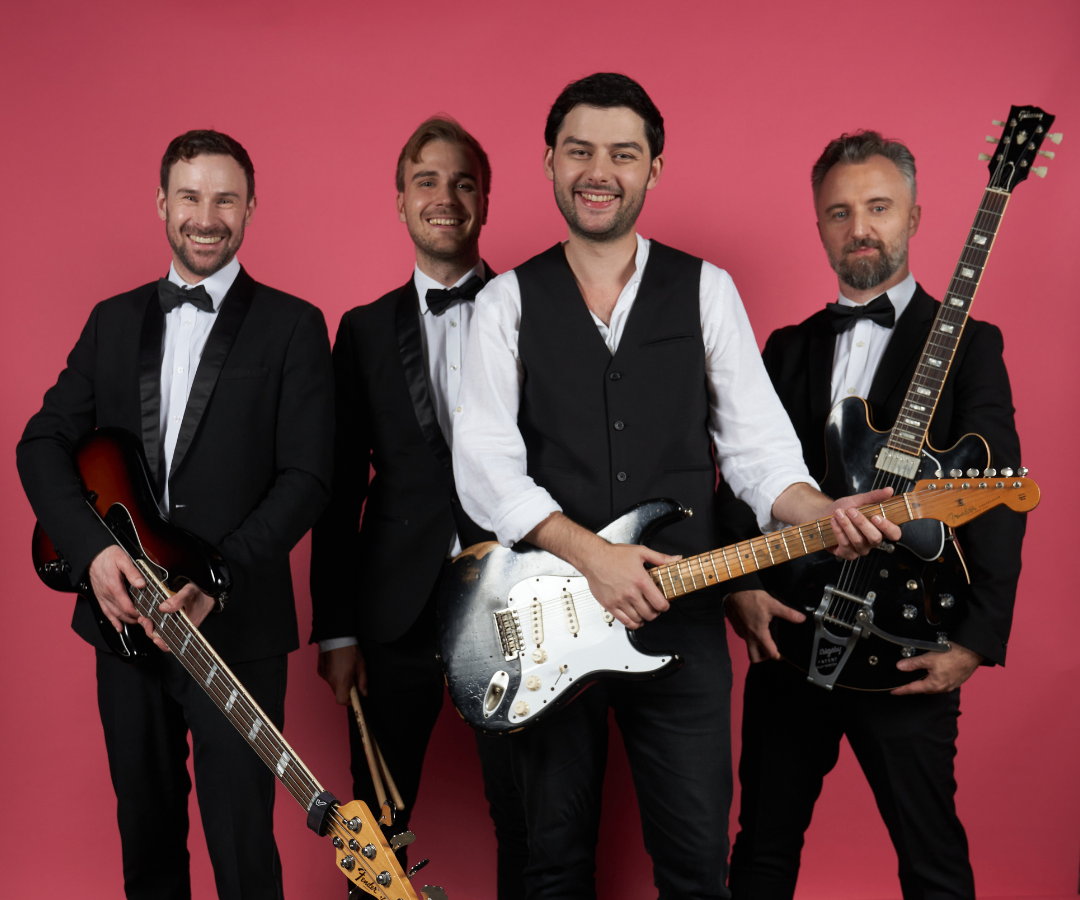 All Nighters: Four band members in formalwear posing with guitars against a pink backdrop