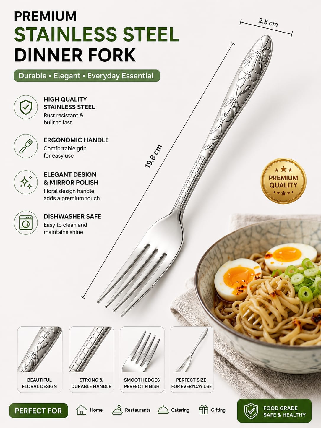 Premium Stainless Steel Dinner Fork  Mirror Polish Floral Handle