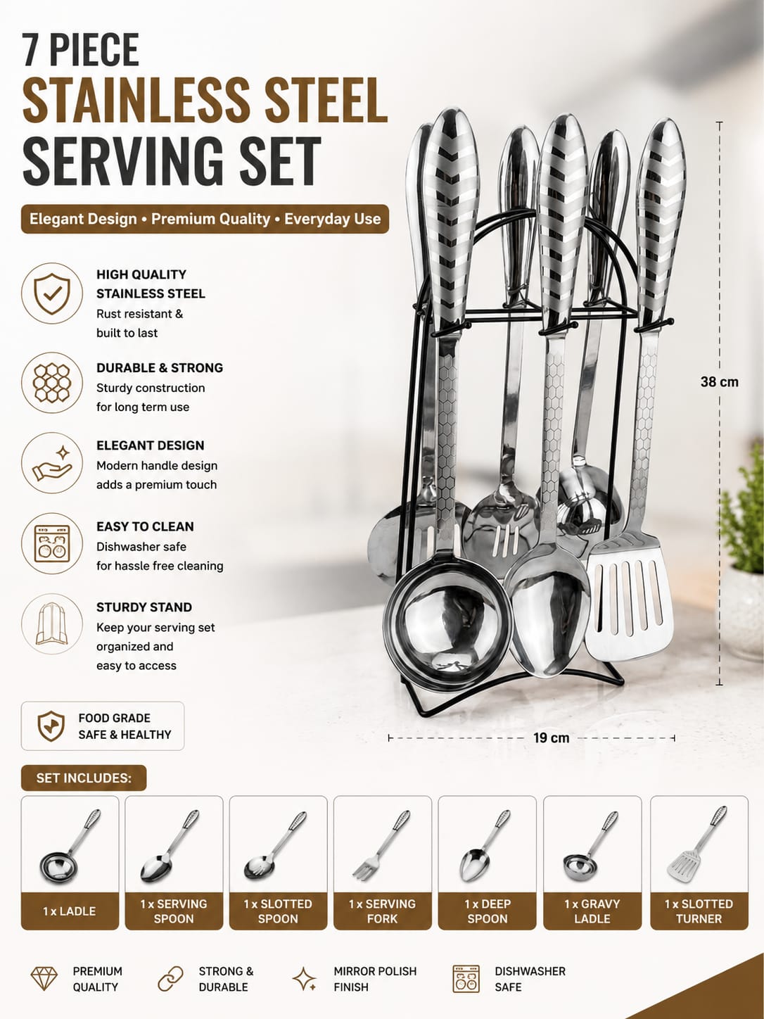 7 Piece Premium Stainless Steel Serving Set with Storage Stand