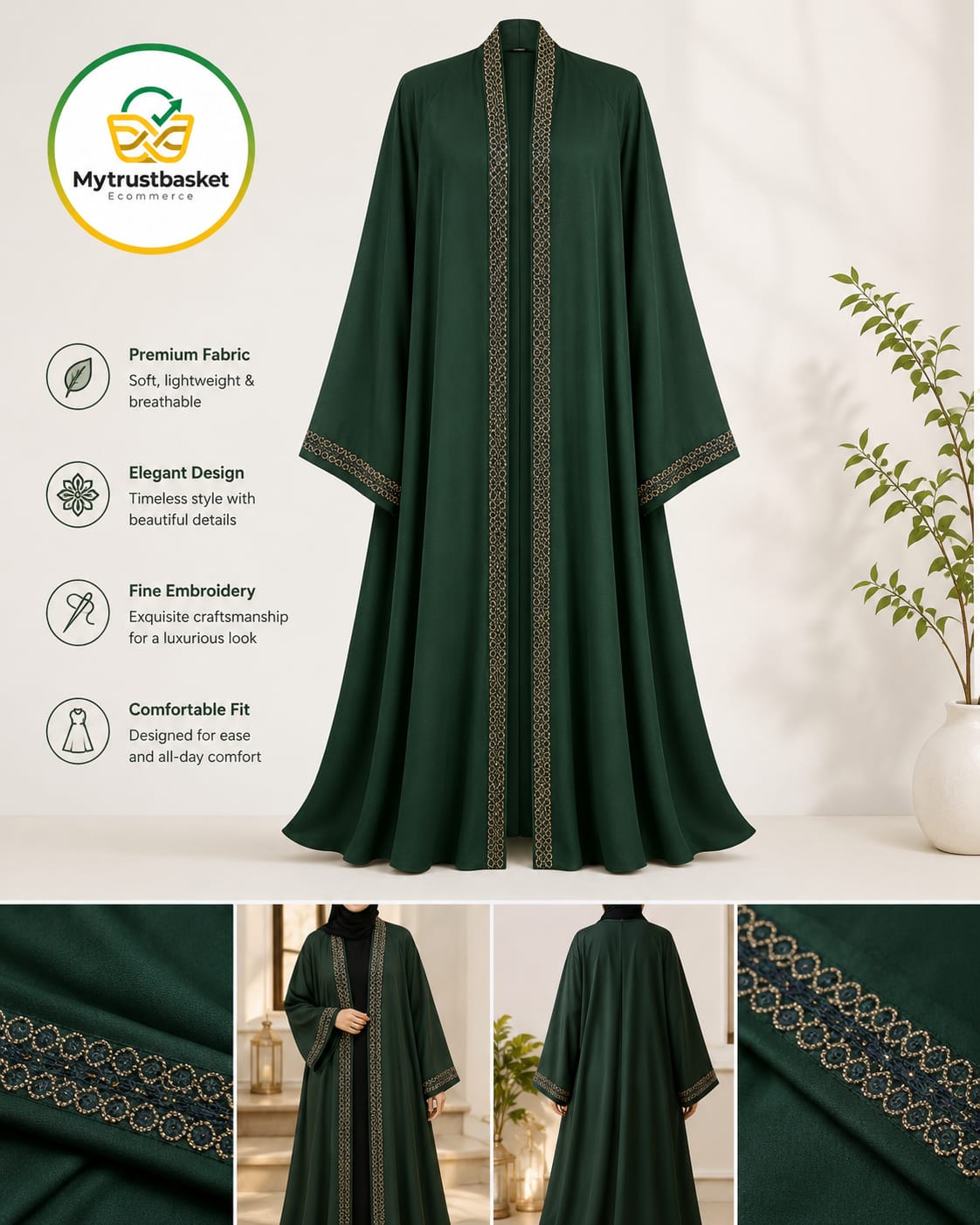 Premium Women's Embroidered Open Front Abaya  Deep Green