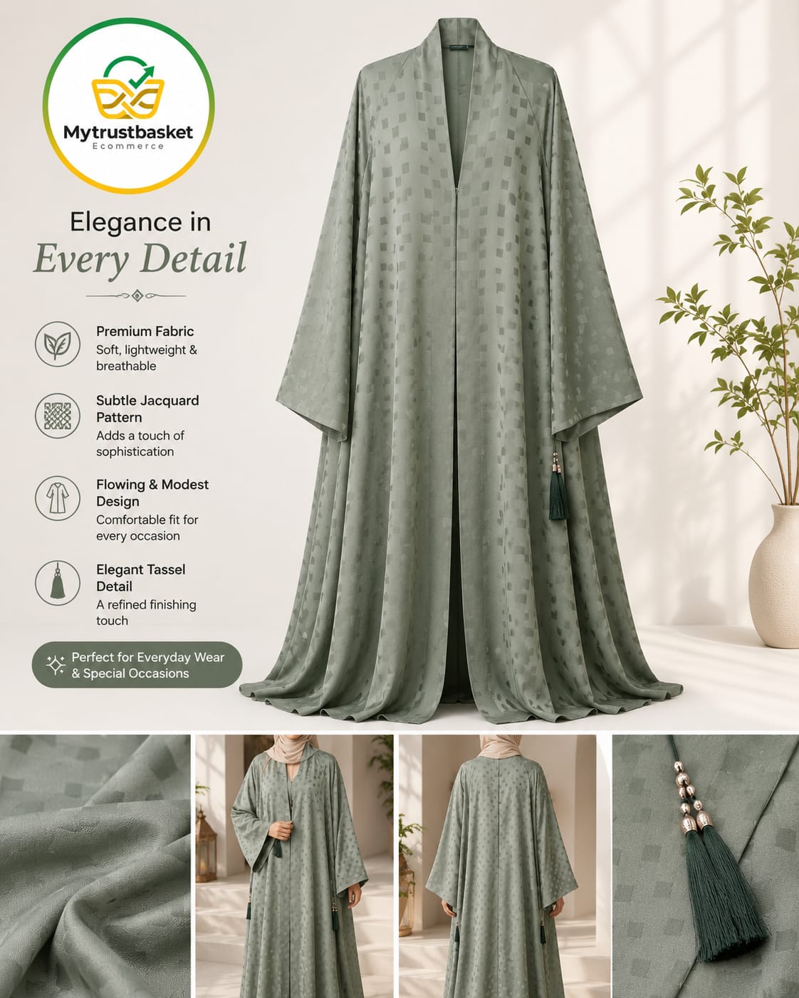 Premium Women's Jacquard Open Front Abaya with Tassel  Sage Green
