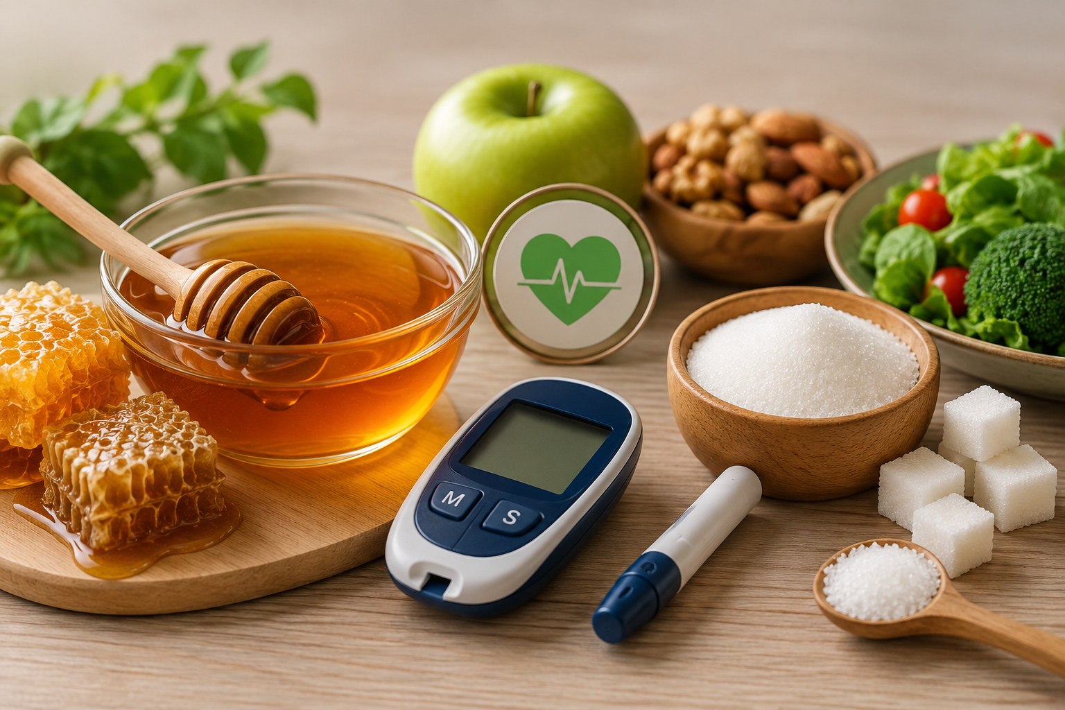 Honey sugar and glucose meter representing honey's impact on blood sugar in diabetes