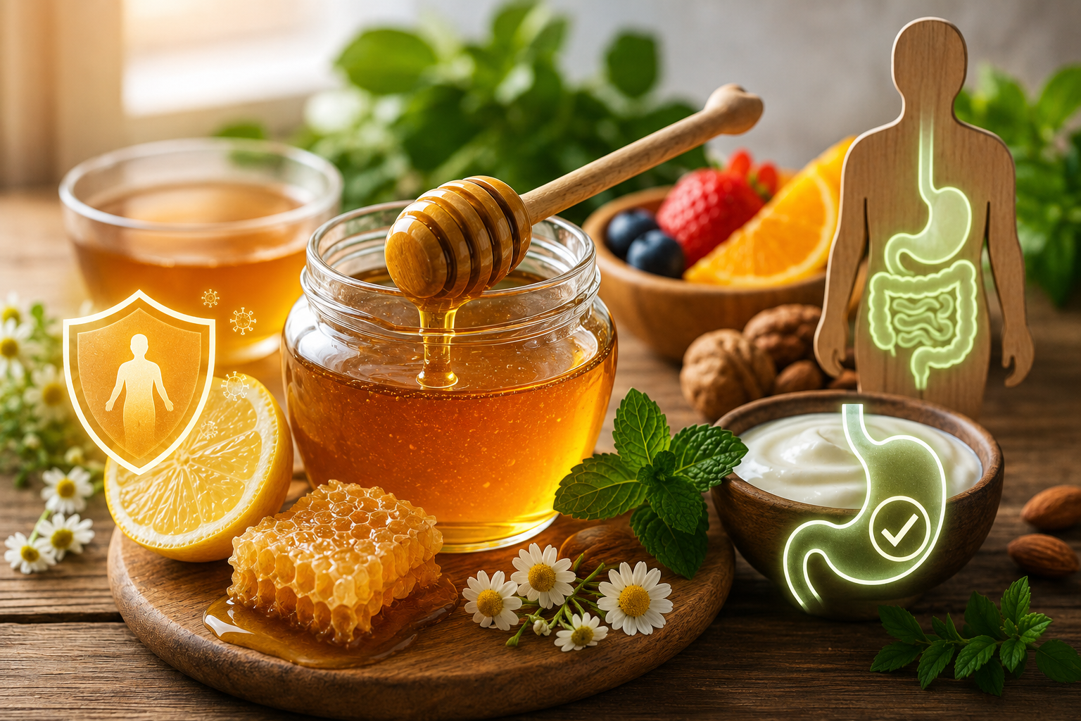 Honey may support immunity and digestion through its natural antioxidants, antibacterial compounds, and prebiotic properties when consumed in moderation.